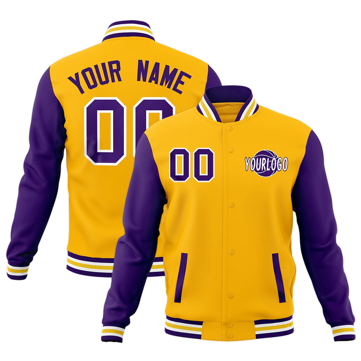 Custom Gold Purple White Raglan Sleeves Classic Style Letterman Cotton Fabric Jacket| KXKSHOP