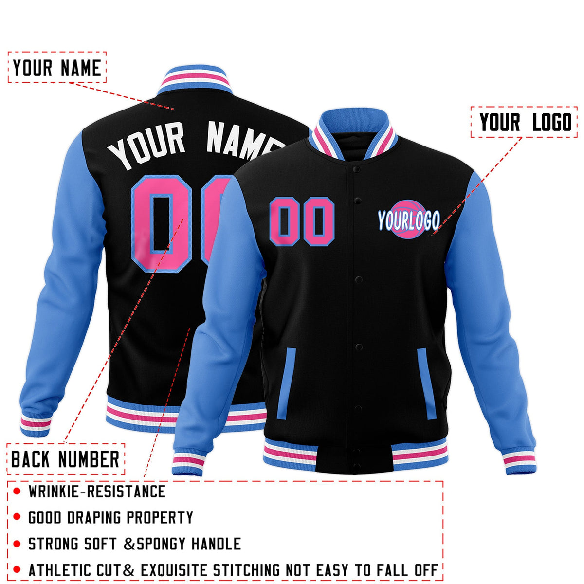 Custom Black Powder Blue White Raglan Sleeves Classic Style Letterman Cotton Fabric Jacket| KXKSHOP