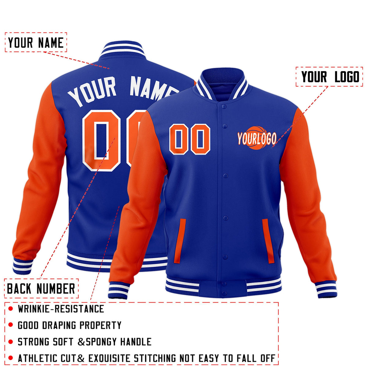Custom Royal Blue Orange White Raglan Sleeves Classic Style Letterman Cotton Fabric Jacket| KXKSHOP
