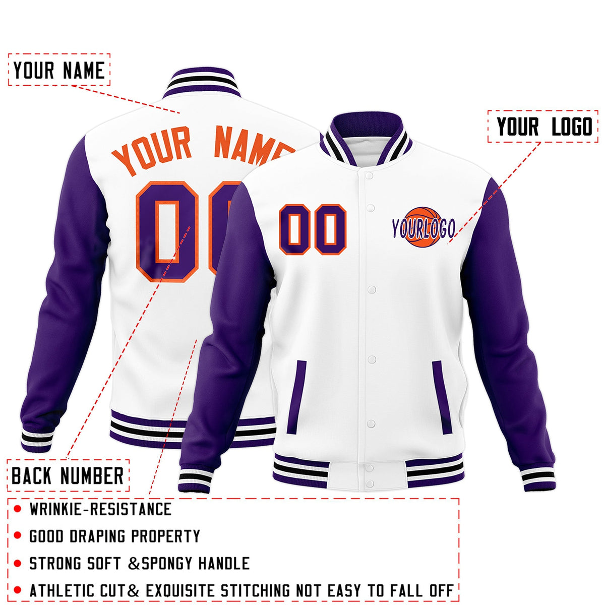 Custom White Purple Black Raglan Sleeves Classic Style Letterman Cotton Fabric Jacket| KXKSHOP
