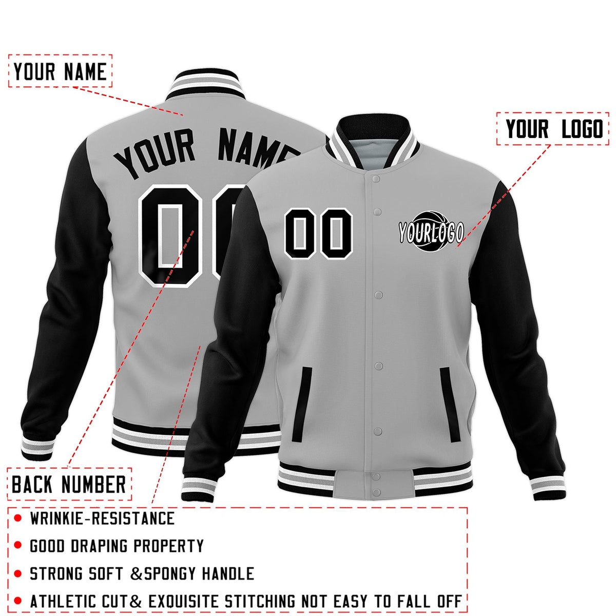 Custom Black Gray Raglan Sleeves Classic Style Letterman Cotton Fabric Jacket| KXKSHOP