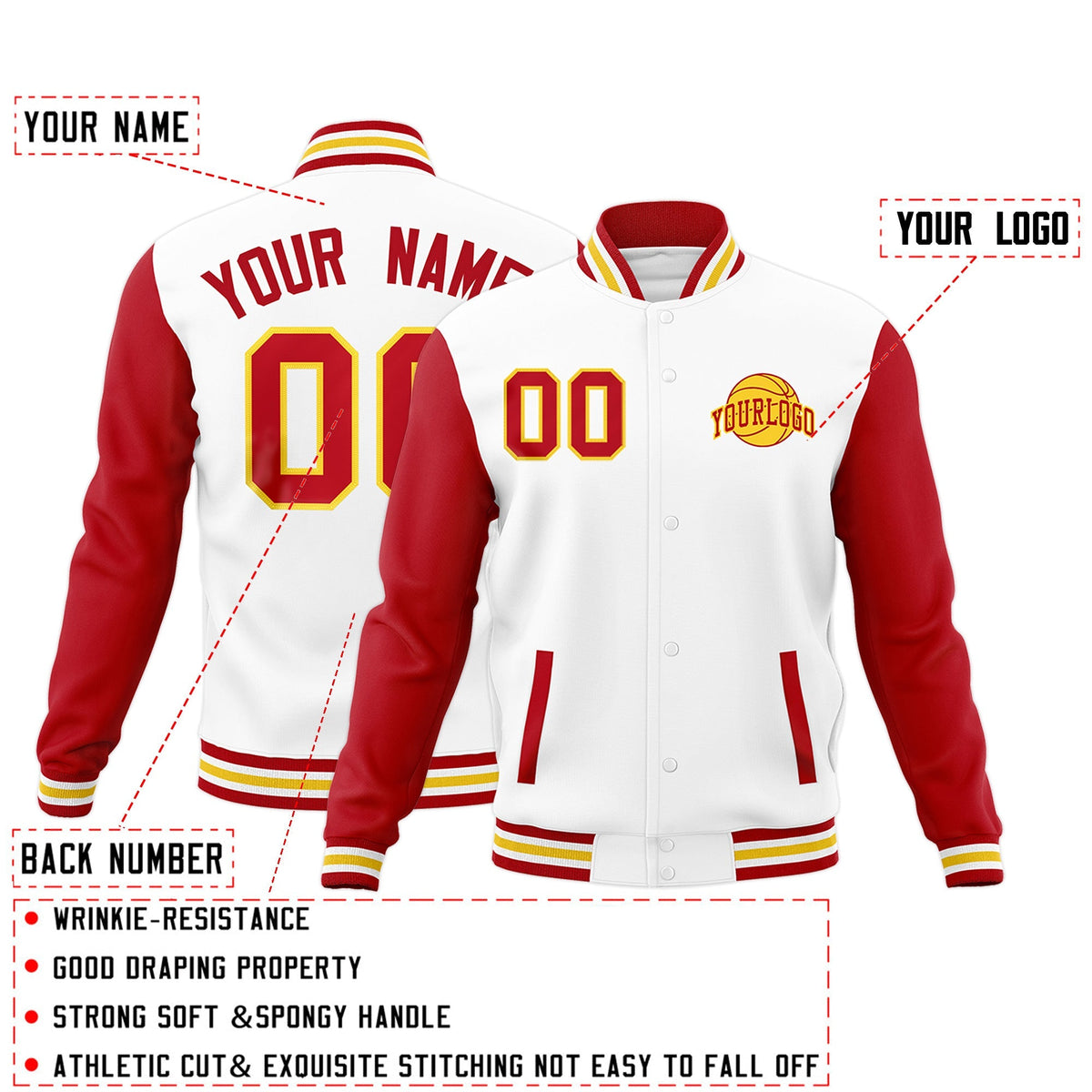 Custom White Red Gold Raglan Sleeves Classic Style Letterman Cotton Fabric Jacket| KXKSHOP
