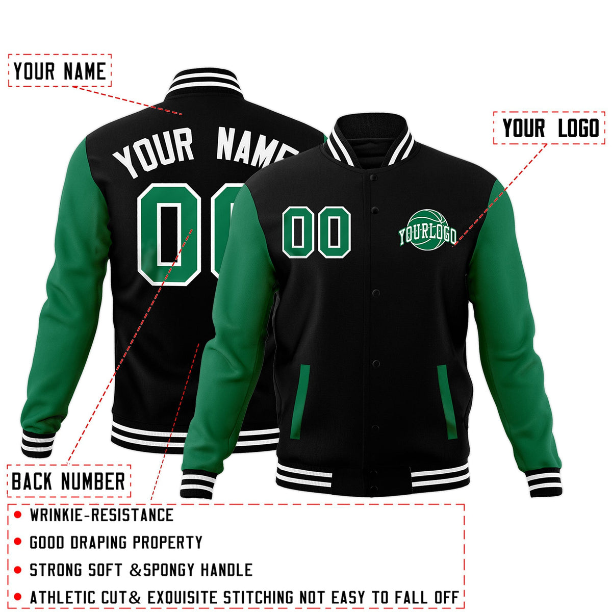 Custom Black Kelly Green White Raglan Sleeves Classic Style Letterman Cotton Fabric Jacket| KXKSHOP