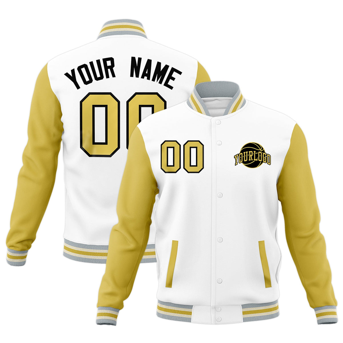 Custom White Old Gold Gray Raglan Sleeves Classic Style Letterman Cotton Fabric Jacket| KXKSHOP