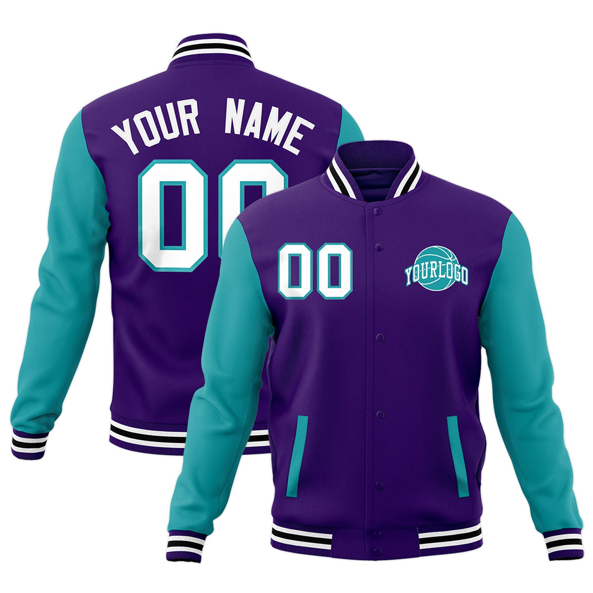 Custom Purple Aqua White Raglan Sleeves Classic Style Letterman Cotton Fabric Jacket| KXKSHOP