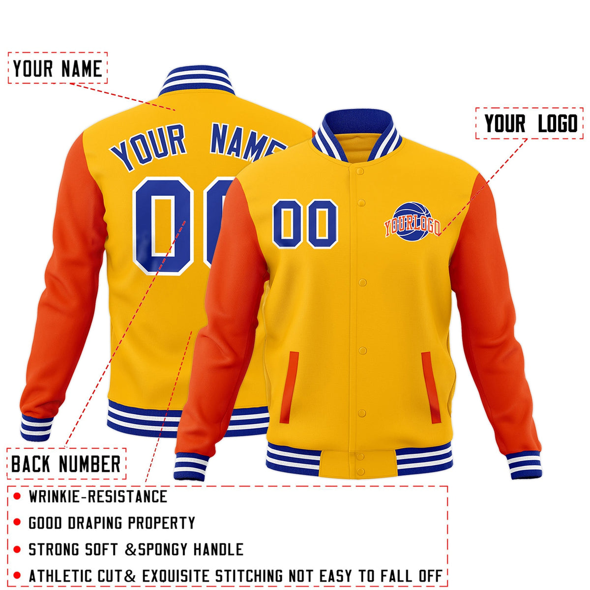 Custom Orange Royal Blue White Raglan Sleeves Classic Style Letterman Cotton Fabric Jacket| KXKSHOP