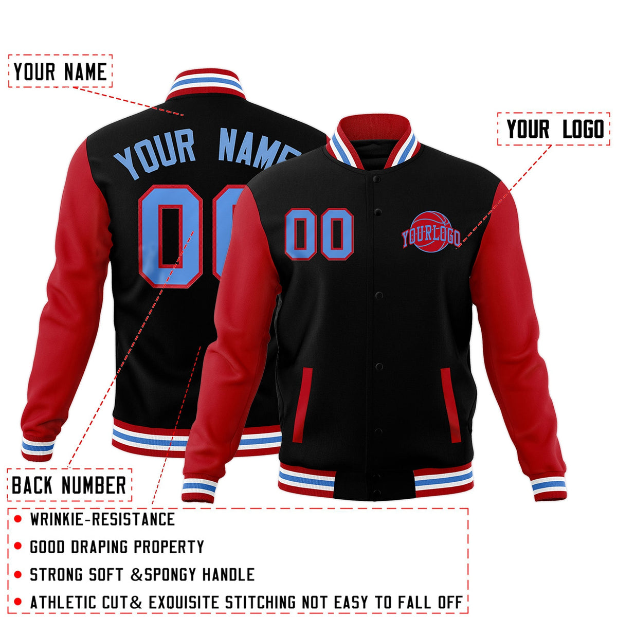 Custom Red Black Powder Blue Raglan Sleeves Classic Style Letterman Cotton Fabric Jacket| KXKSHOP