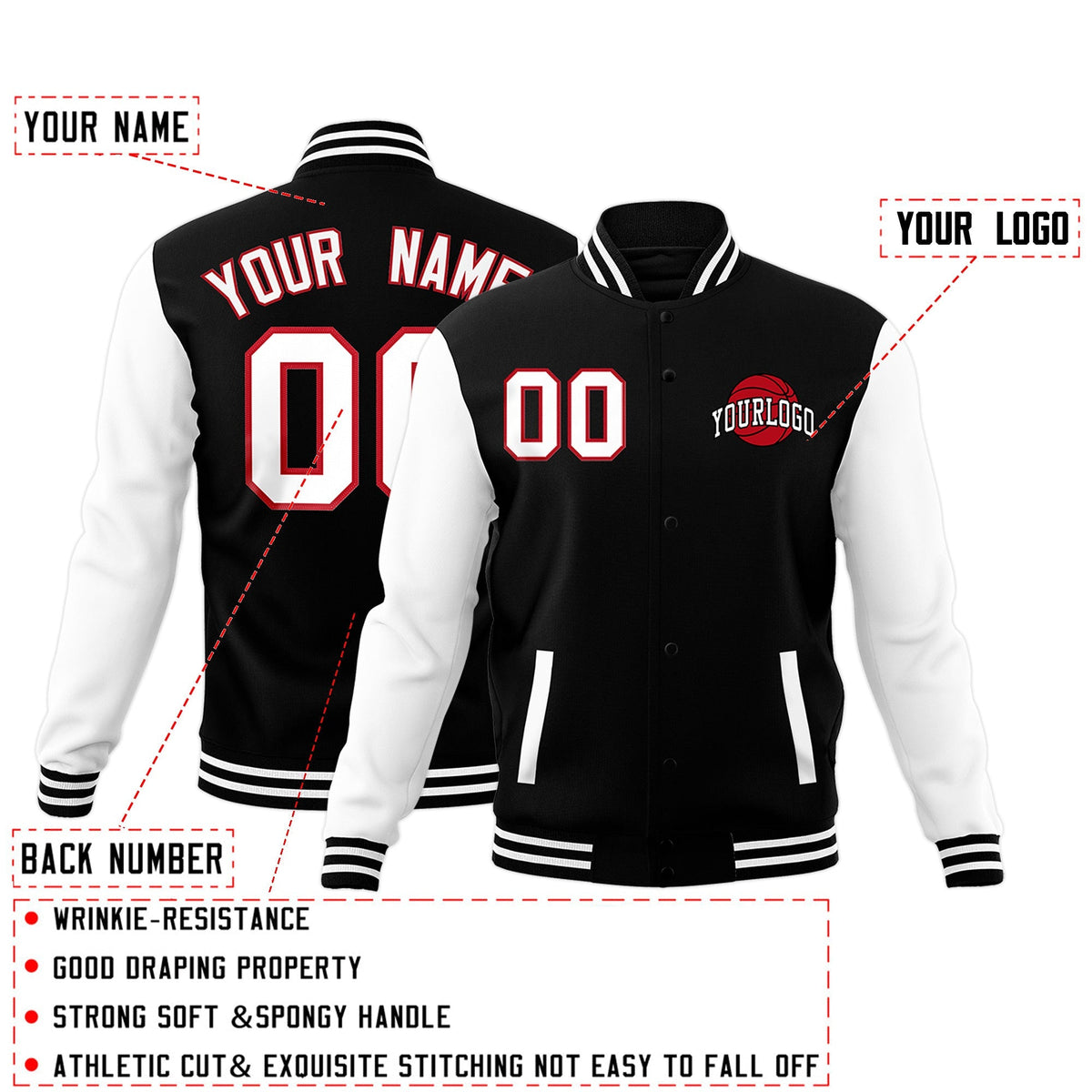 Custom Black White Red Raglan Sleeves Classic Style Letterman Cotton Fabric Jacket| KXKSHOP