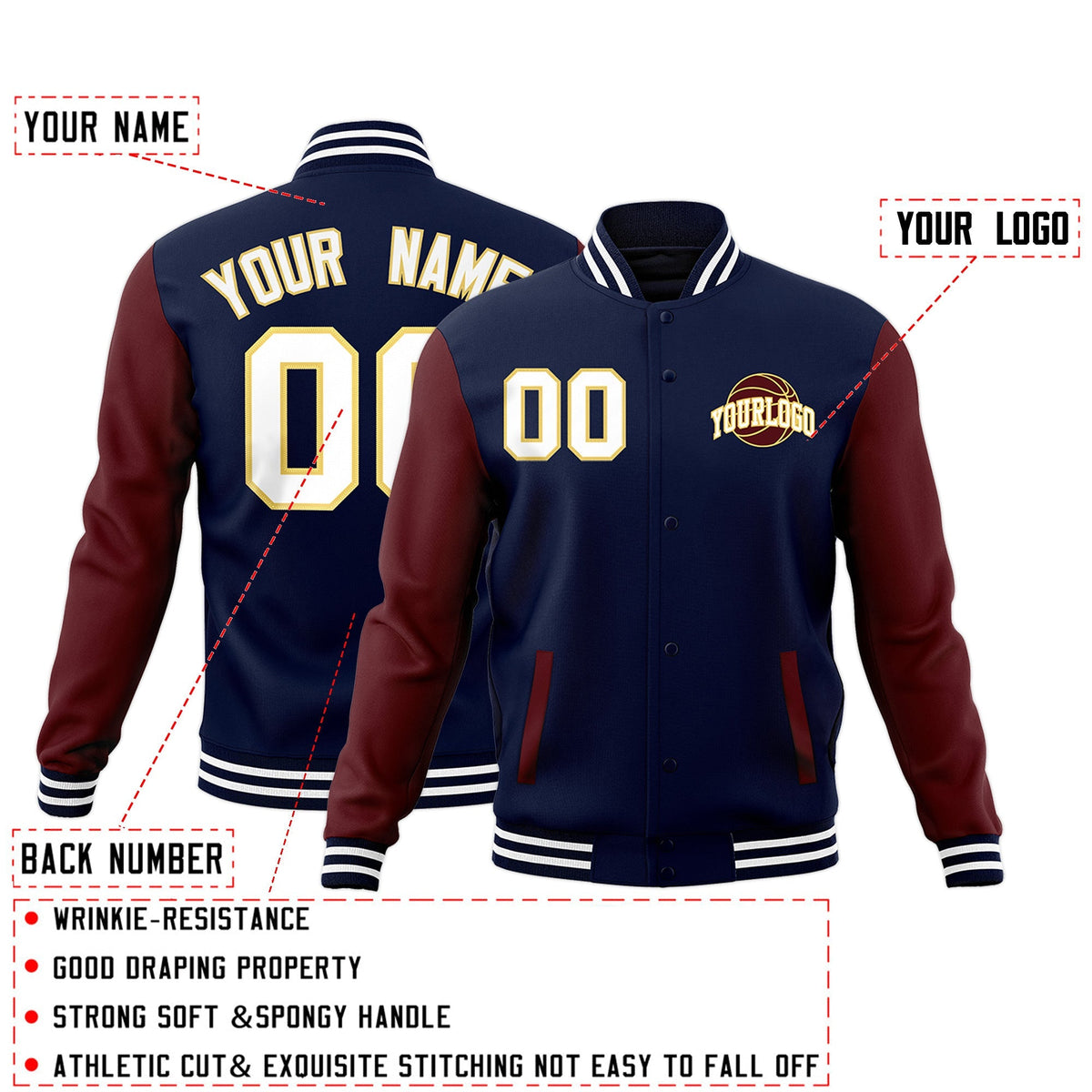 Custom Navy Crimson White Raglan Sleeves Classic Style Letterman Cotton Fabric Jacket| KXKSHOP