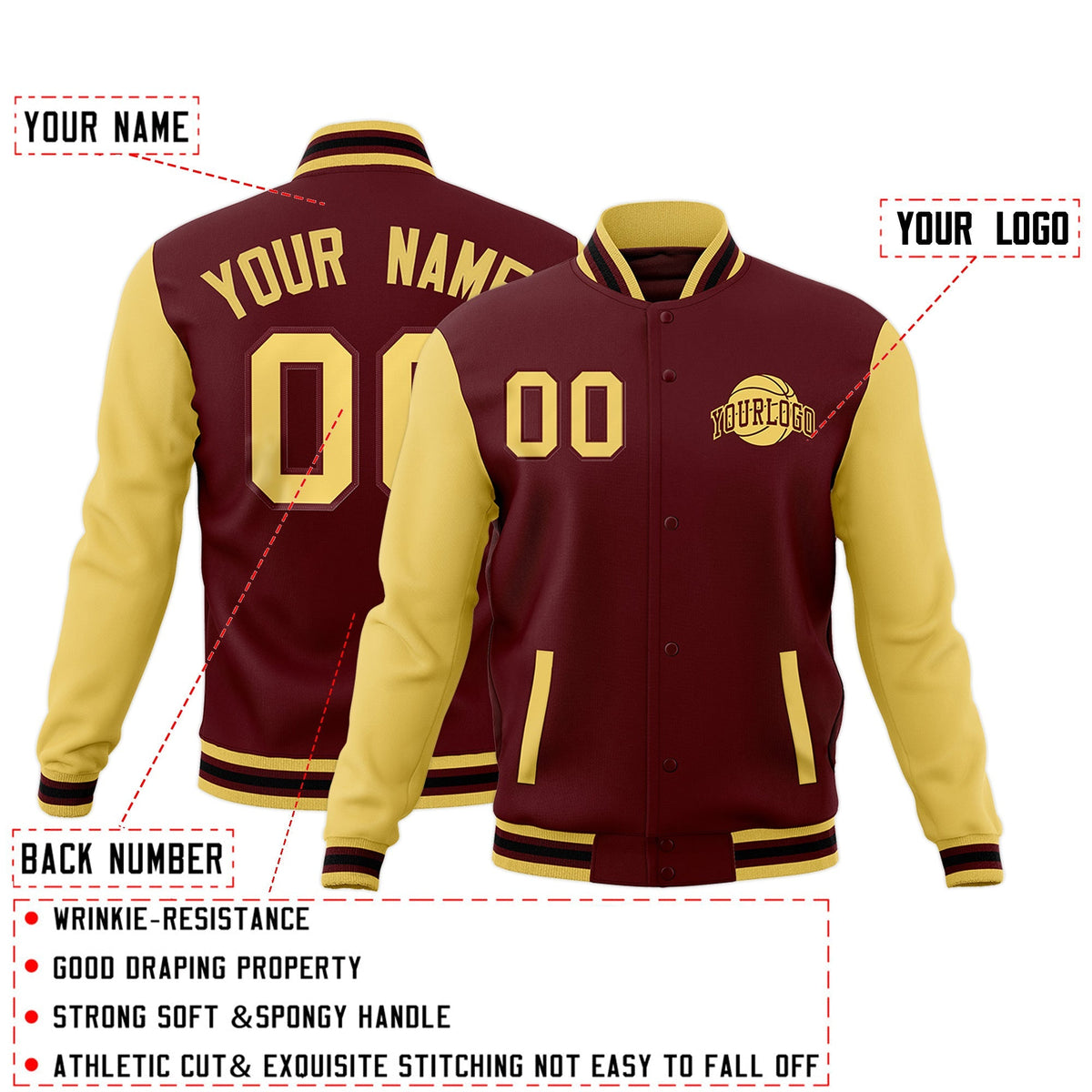 Custom Crimson Khaki Black Raglan Sleeves Classic Style Letterman Cotton Fabric Jacket| KXKSHOP