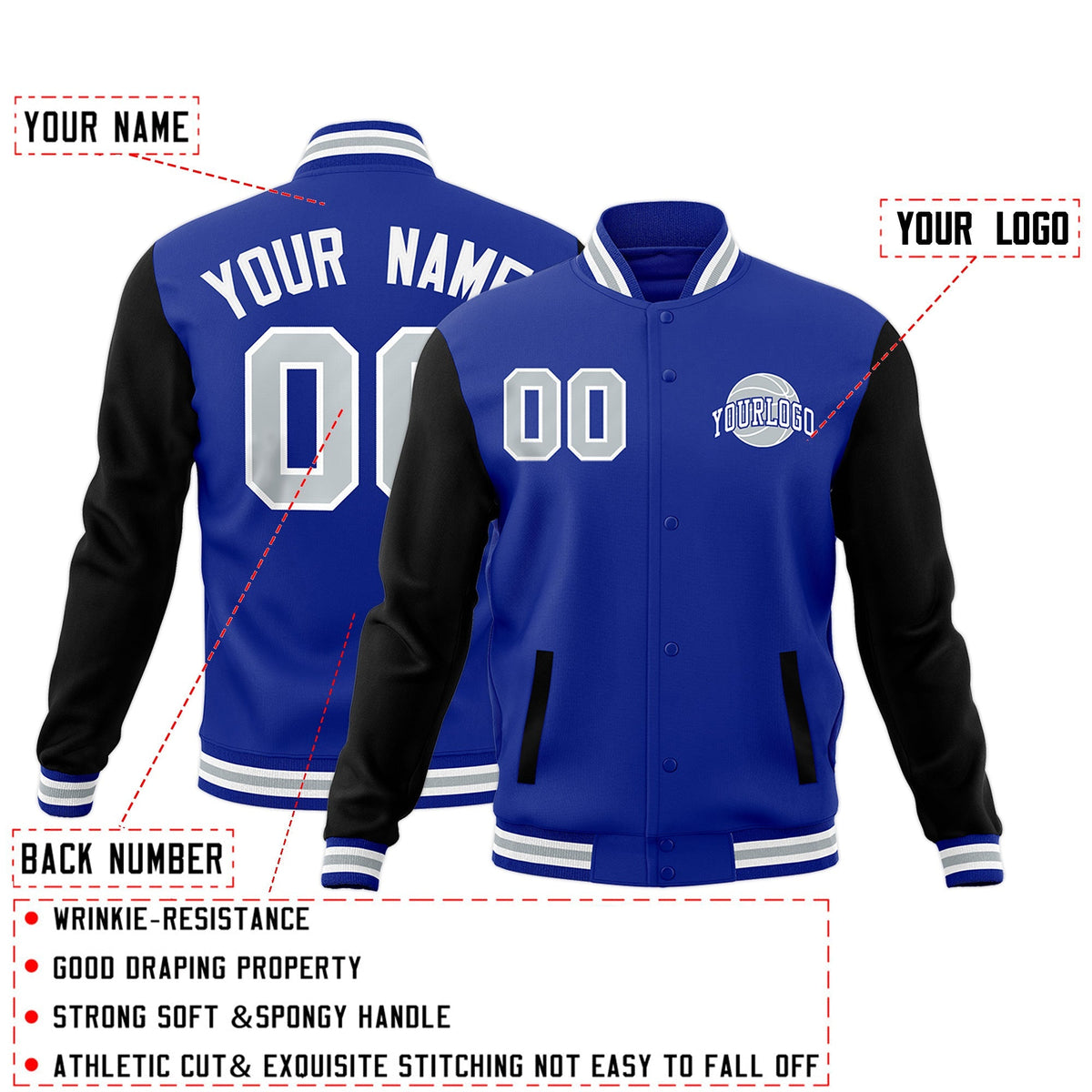 Custom Black White Royal Blue Raglan Sleeves Classic Style Letterman Cotton Fabric Jacket| KXKSHOP