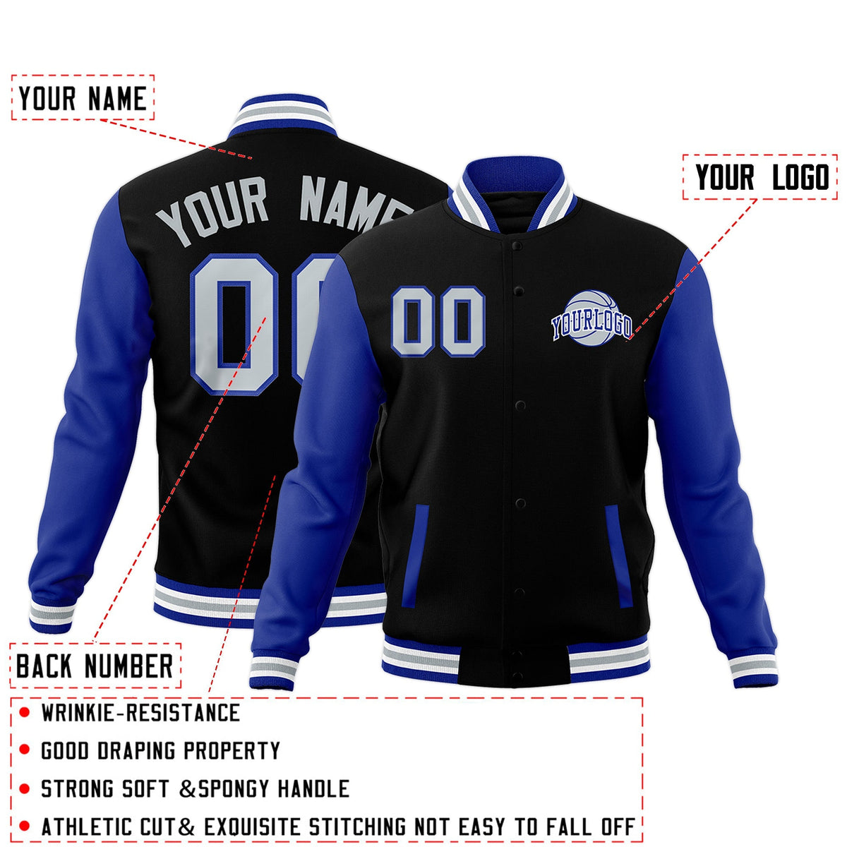 Custom Black Royal Blue White Raglan Sleeves Classic Style Letterman Cotton Fabric Jacket| KXKSHOP