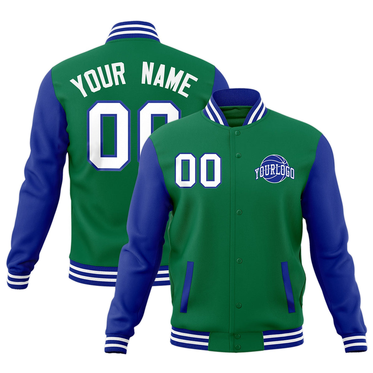Custom Kelly Green Royal Blue White Raglan Sleeves Classic Style Letterman Cotton Fabric Jacket| KXKSHOP