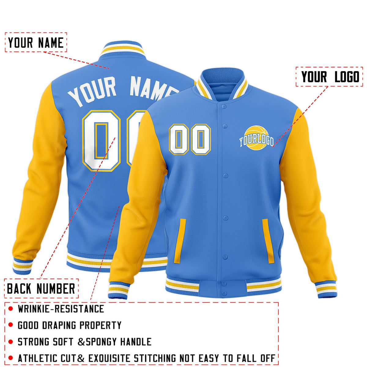 Custom Powder Blue White Gold Raglan Sleeves Classic Style Letterman Cotton Fabric Jacket| KXKSHOP