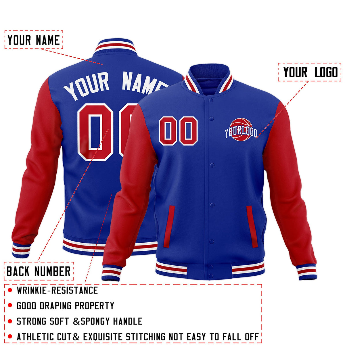 Custom Royal Blue Red White Raglan Sleeves Classic Style Letterman Cotton Fabric Jacket| KXKSHOP