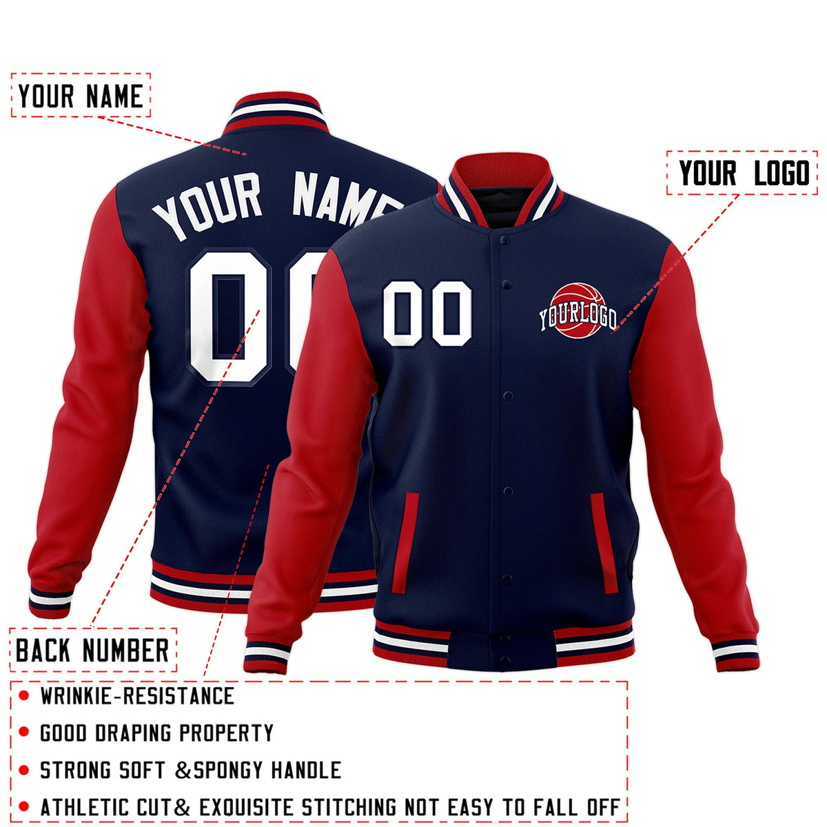 Custom Navy Red White Raglan Sleeves Classic Style Letterman Cotton Fabric Jacket| KXKSHOP