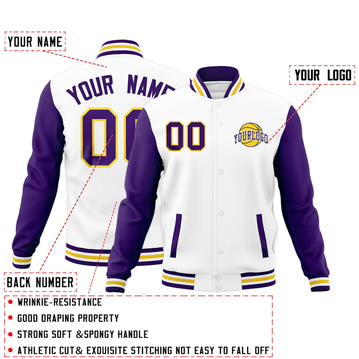 Custom White Purple Gold Raglan Sleeves Classic Style Letterman Cotton Fabric Jacket| KXKSHOP