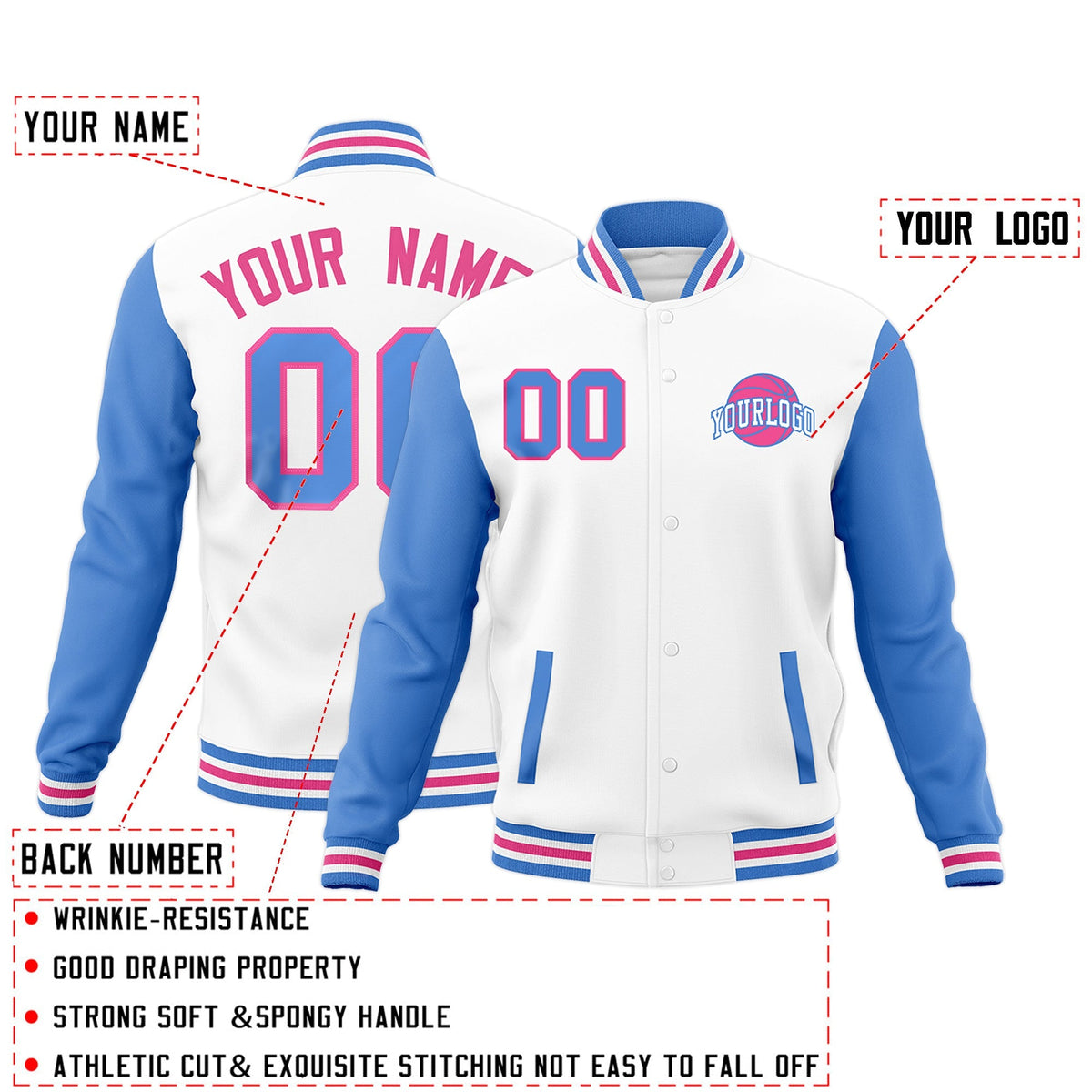 Custom White Powder Blue Pink Raglan Sleeves Classic Style Letterman Cotton Fabric Jacket| KXKSHOP