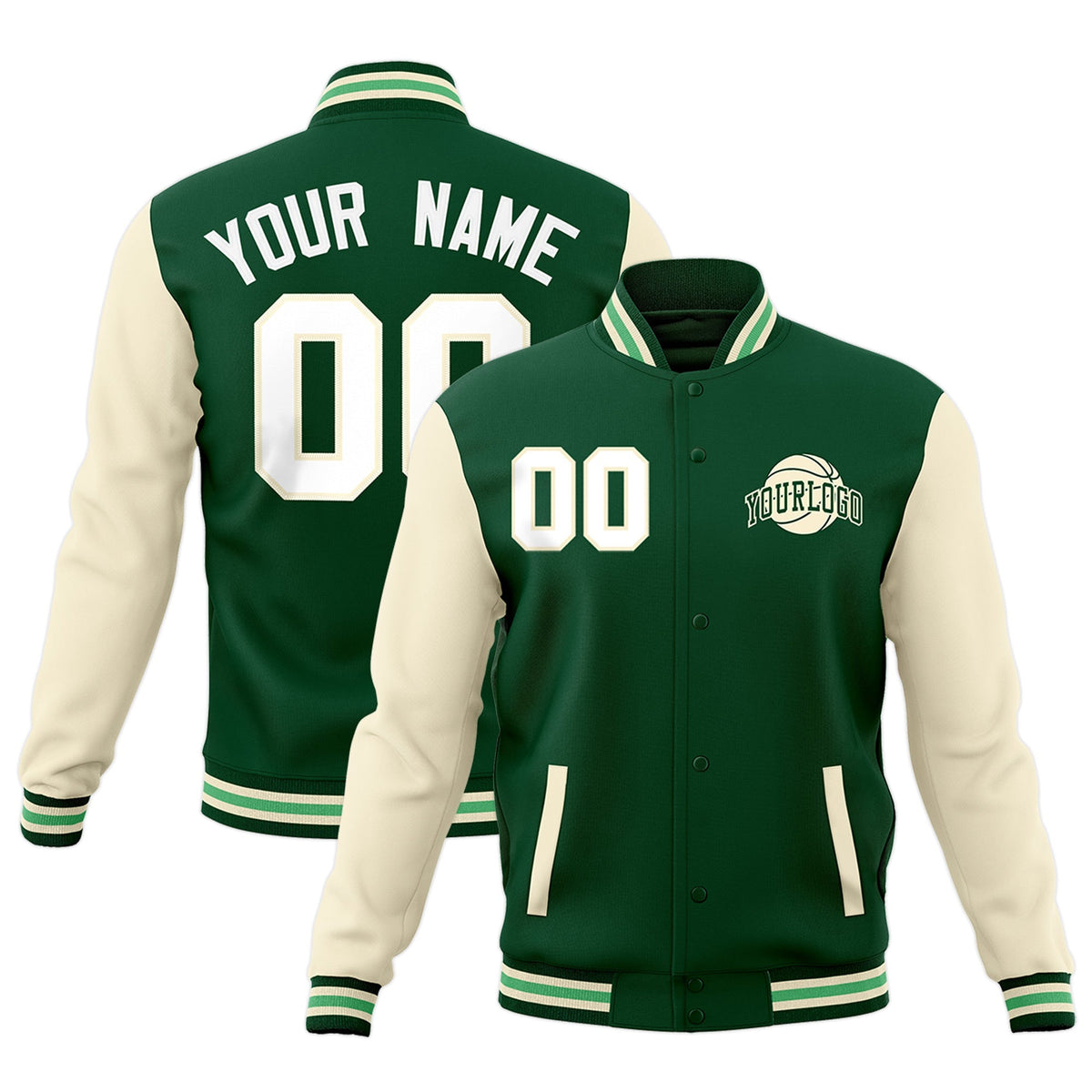 Custom Green Cream Raglan Sleeves Classic Style Letterman Cotton Fabric Jacket| KXKSHOP