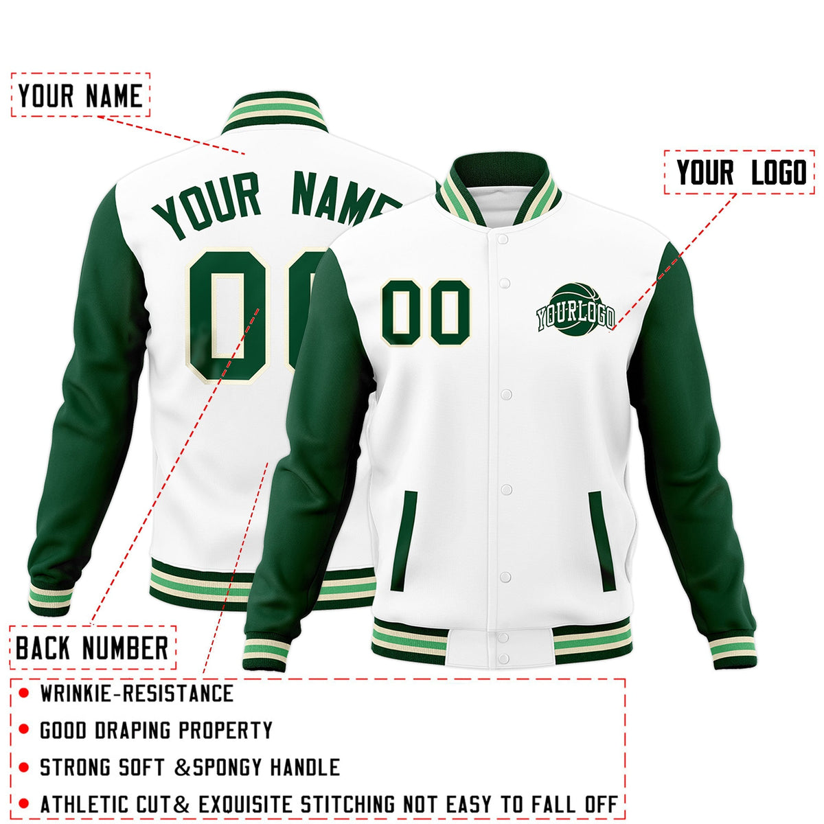 Custom White Green Cream Raglan Sleeves Classic Style Letterman Cotton Fabric Jacket| KXKSHOP