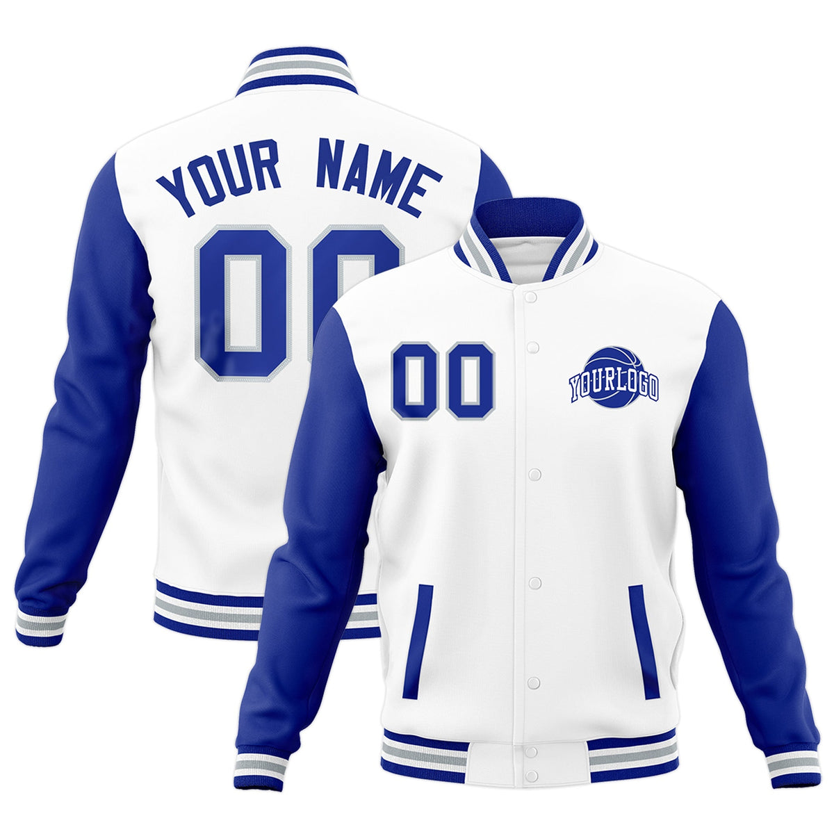 Custom White Royal Blue Gray Raglan Sleeves Classic Style Letterman Cotton Fabric Jacket| KXKSHOP