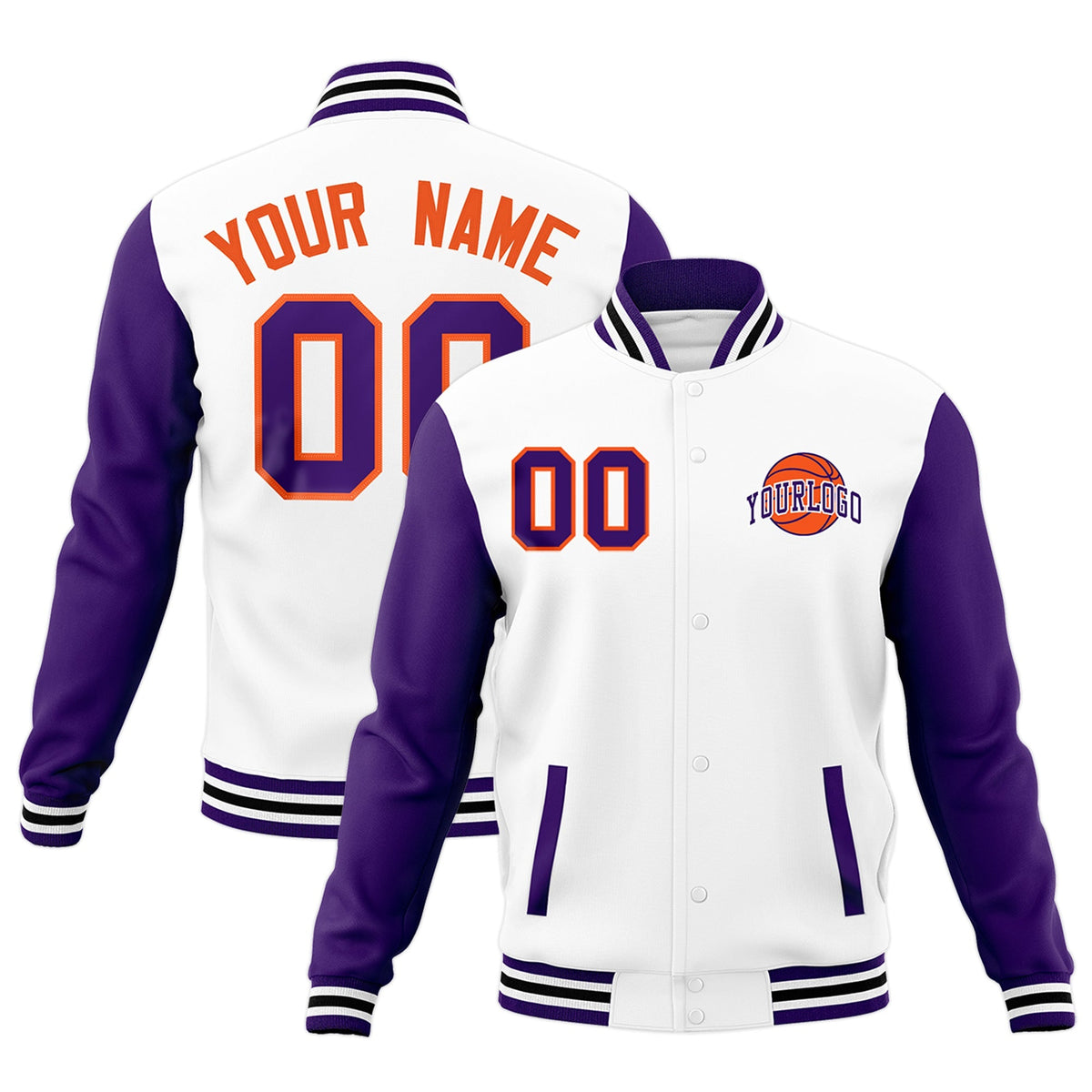 Custom White Purple Black Raglan Sleeves Classic Style Letterman Cotton Fabric Jacket| KXKSHOP