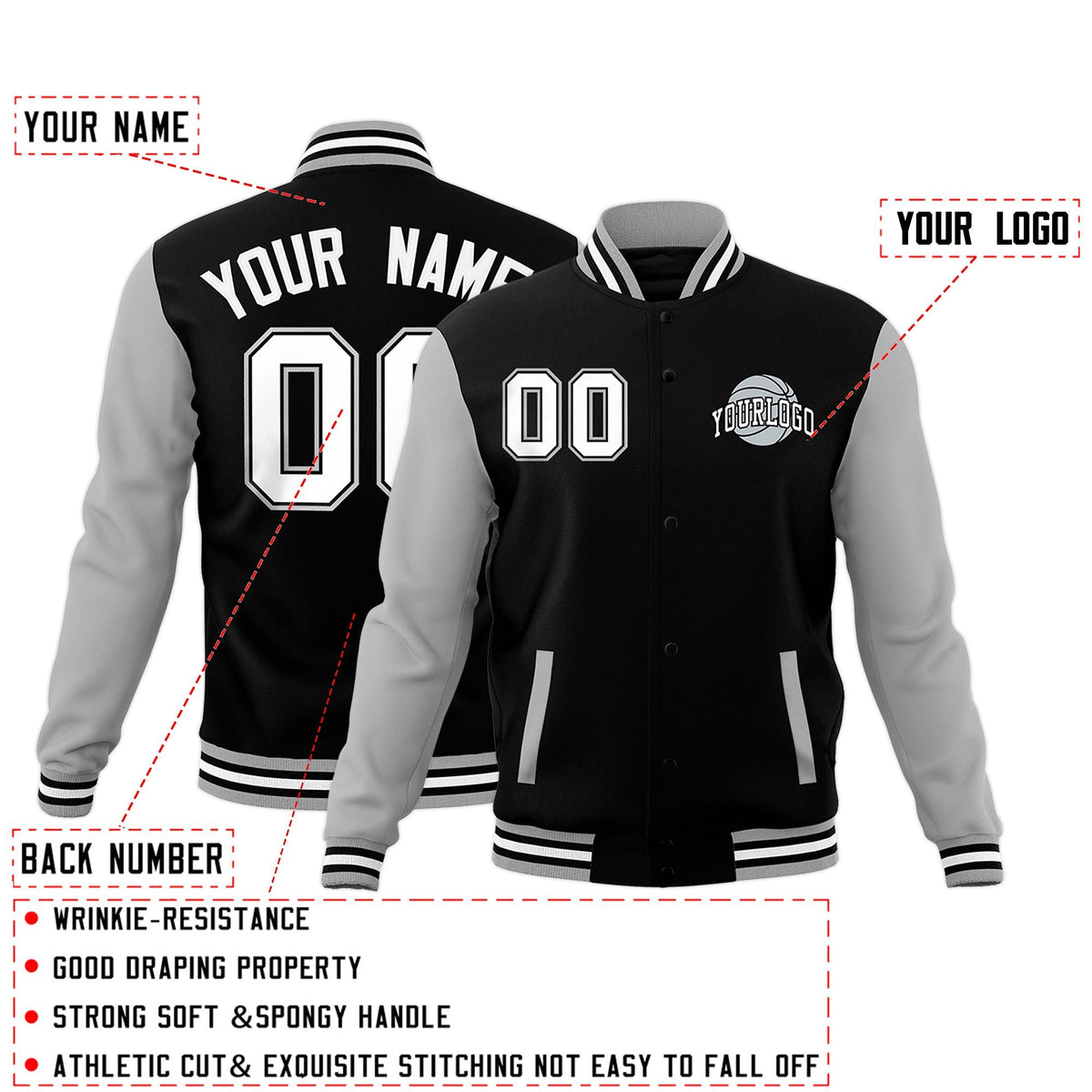 Custom Gray Black White Raglan Sleeves Classic Style Letterman Cotton Fabric Jacket| KXKSHOP