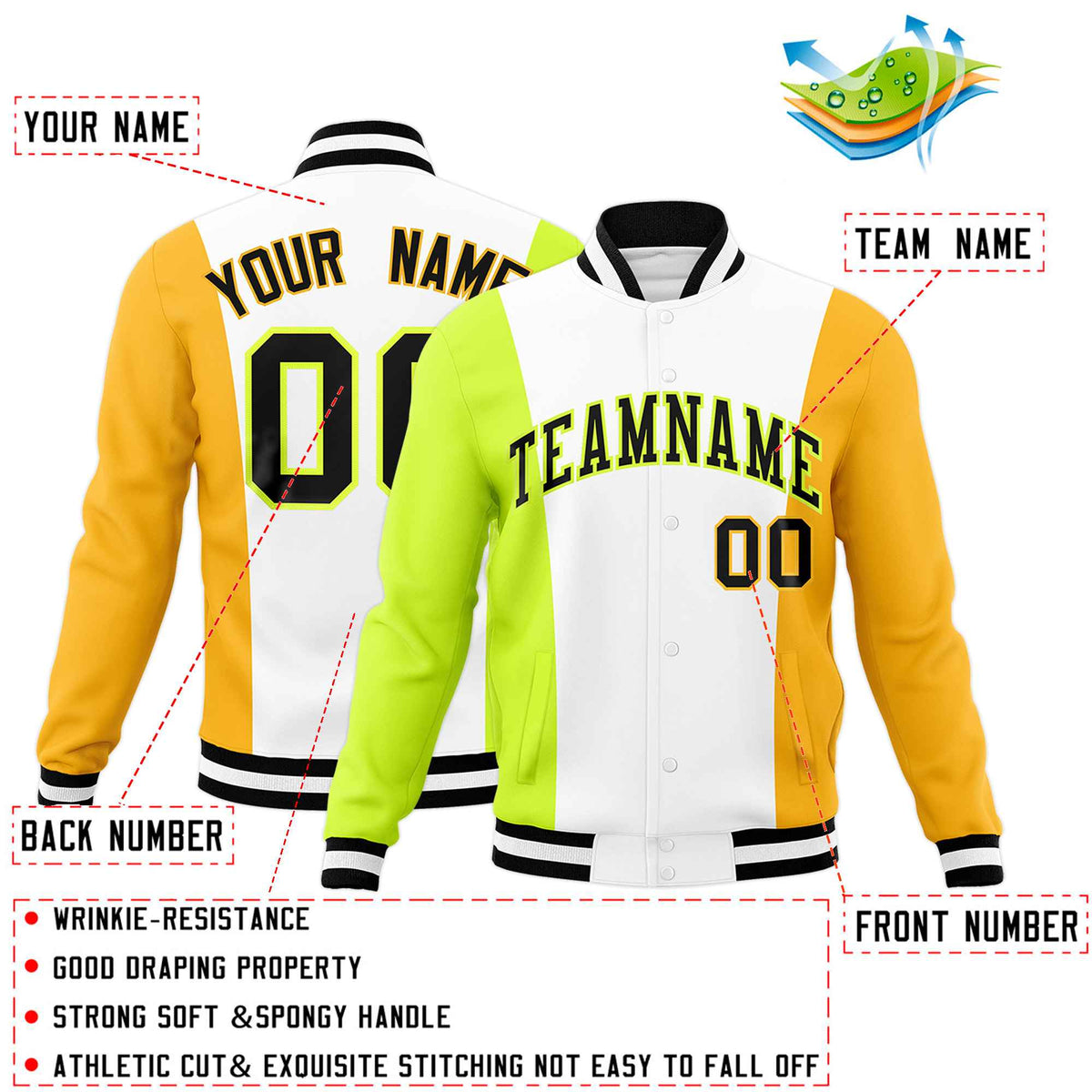 Custom White Fluorescent Green Yellow Personalization Varsity Full-Snap Three Color Blocks Letterman Jacket