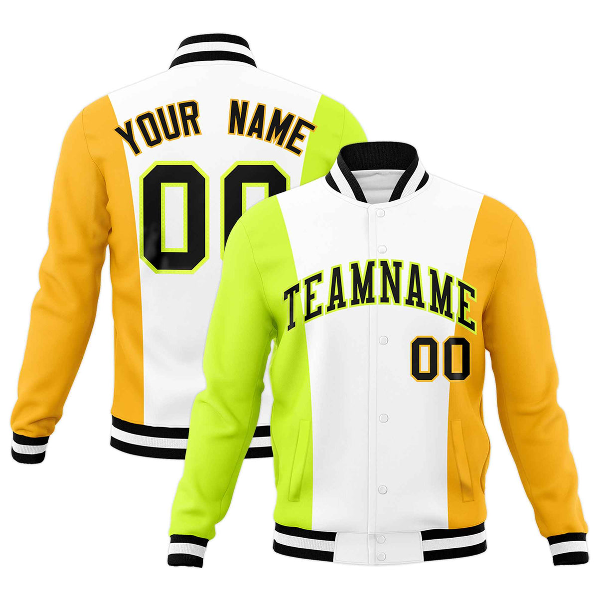 Custom White Fluorescent Green Yellow Personalization Varsity Full-Snap Three Color Blocks Letterman Jacket