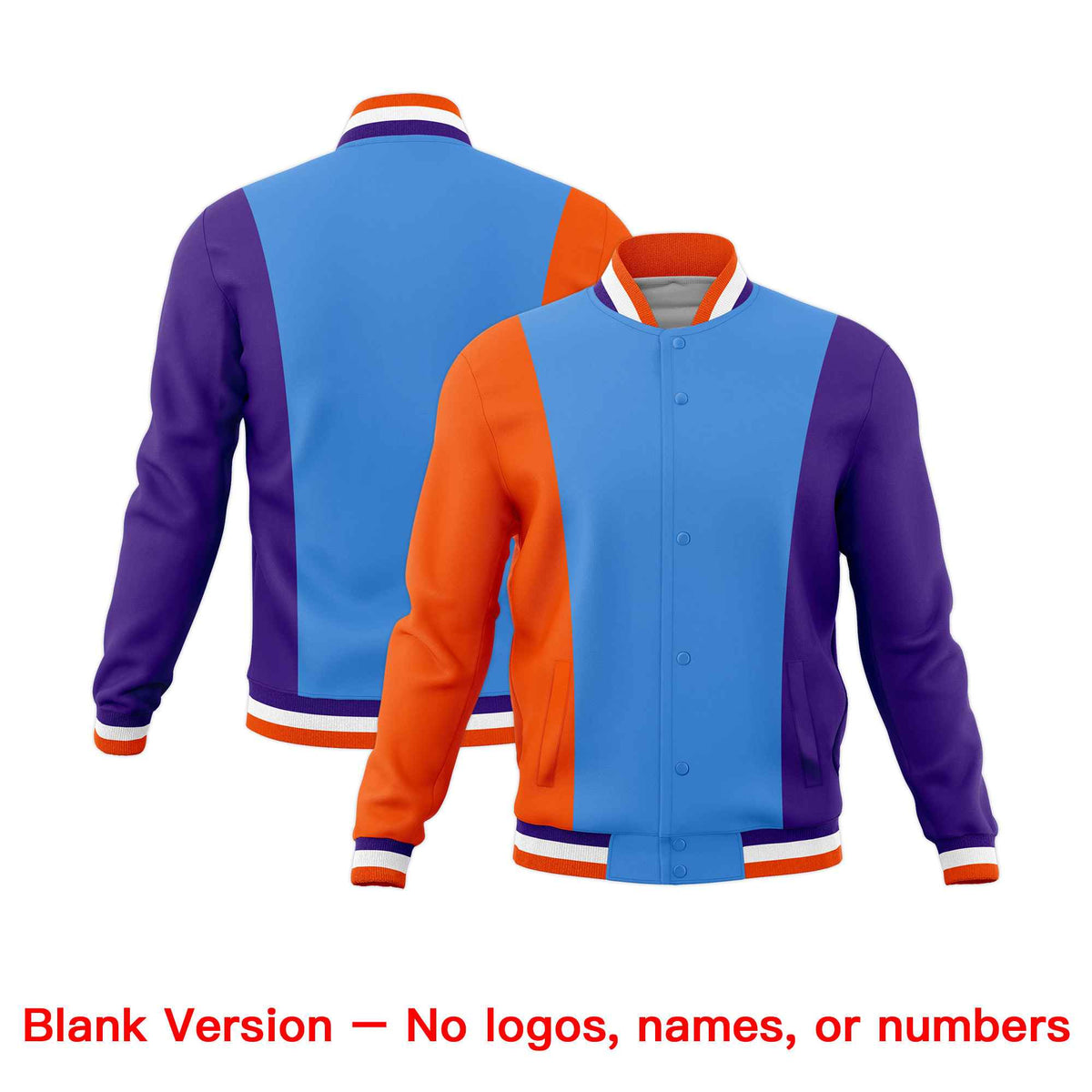 Custom Powder Blue Orange Purple Personalization Varsity Full-Snap Three Color Blocks Letterman Jacket