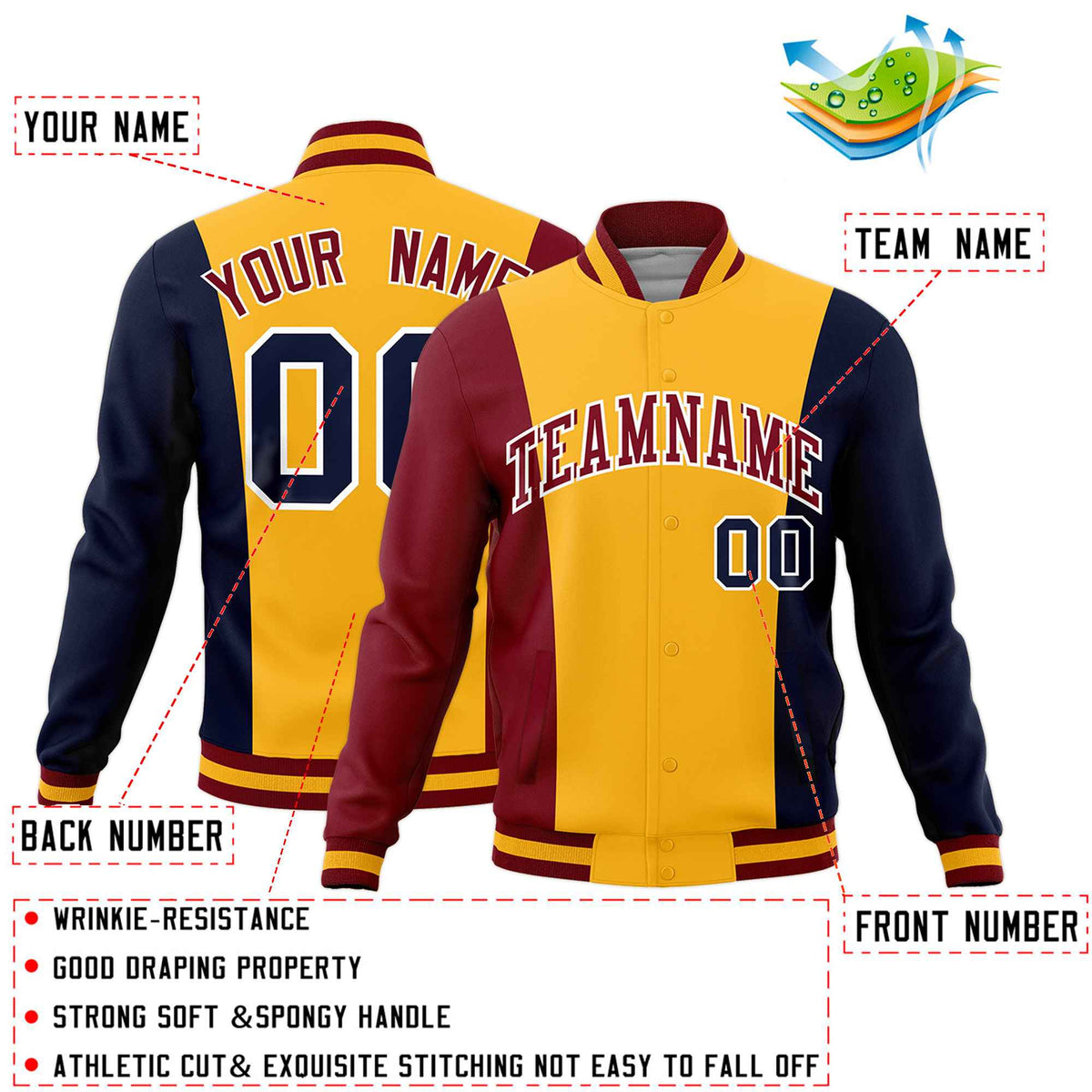 Custom Yellow Crimson Navy Personalization Varsity Full-Snap Three Color Blocks Letterman Jacket