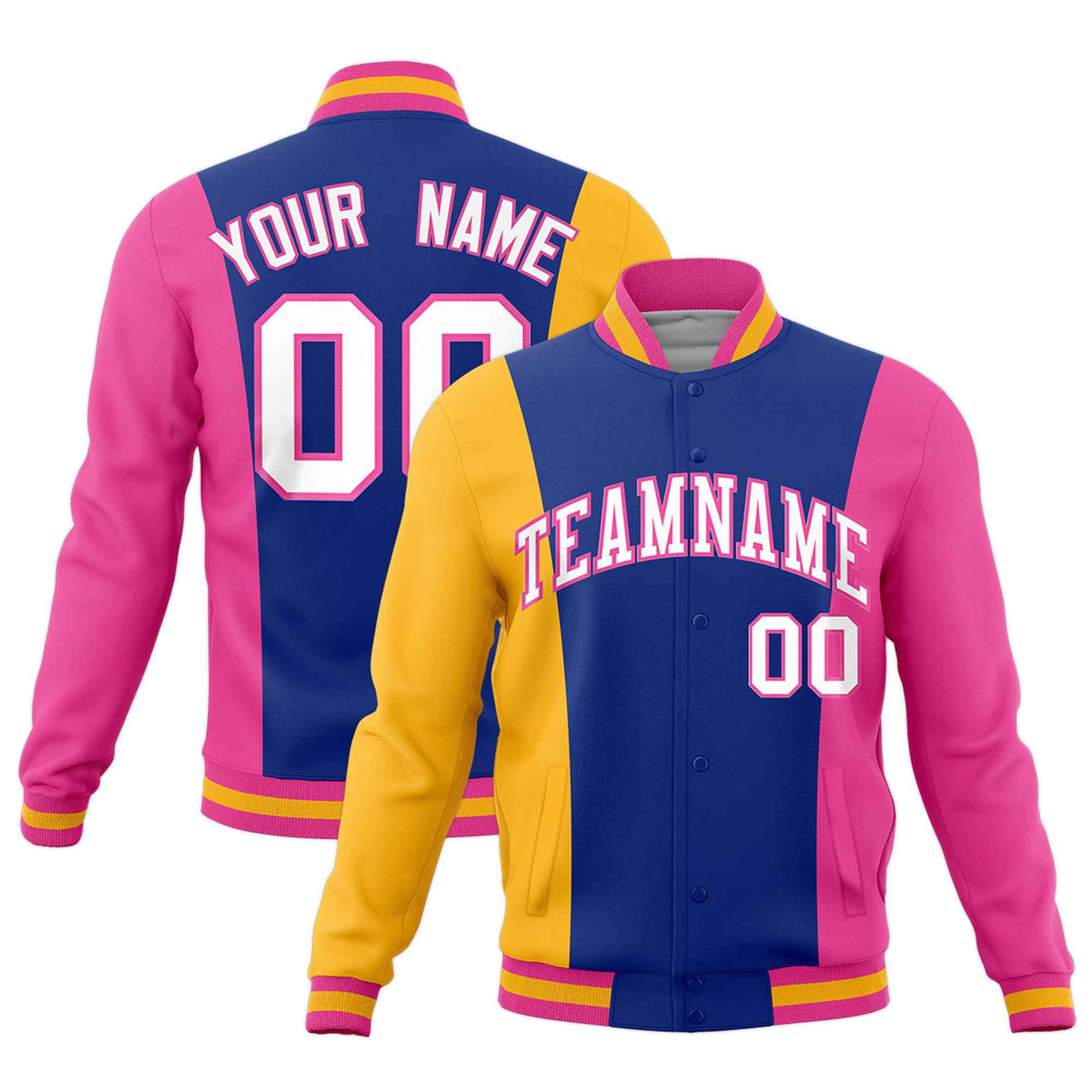 Custom Yellow Royal Blue Pink Personalization Varsity Full-Snap Three Color Blocks Letterman Jacket