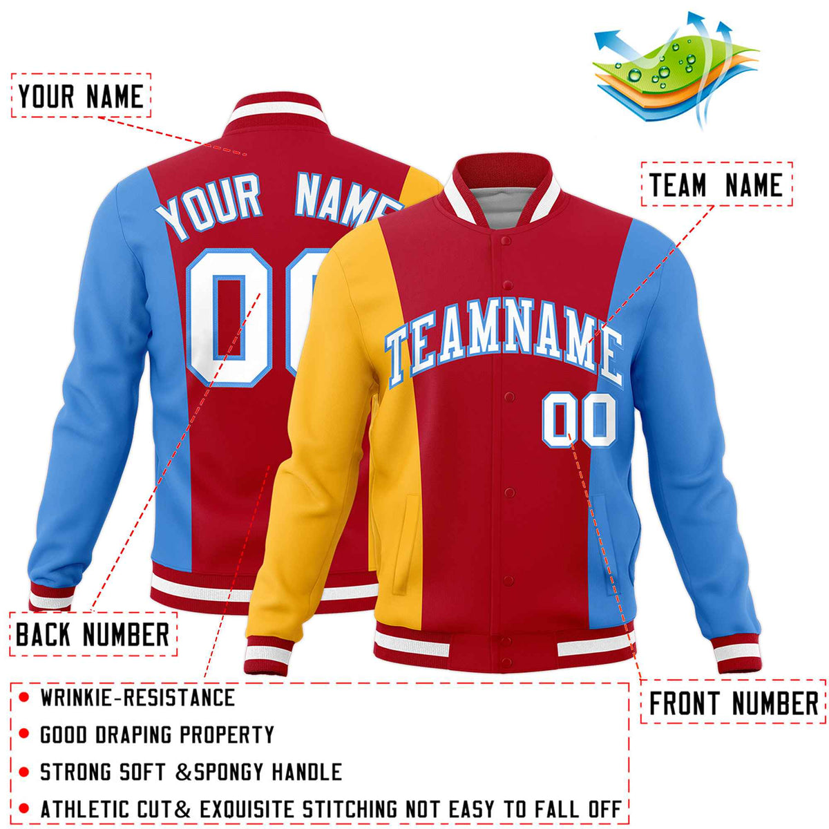 Custom Red Yellow Powder Blue Personalization Varsity Full-Snap Three Color Blocks Letterman Jacket