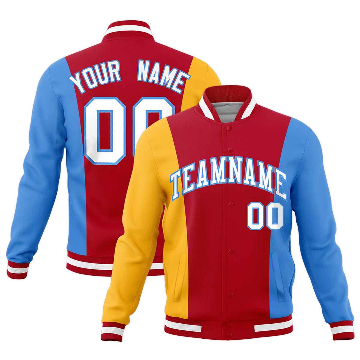 Custom Red Yellow Powder Blue Personalization Varsity Full-Snap Three Color Blocks Letterman Jacket