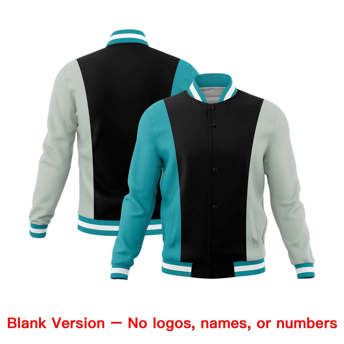 Custom Black Gray Aqua Personalization Varsity Full-Snap Three Color Blocks Letterman Jacket