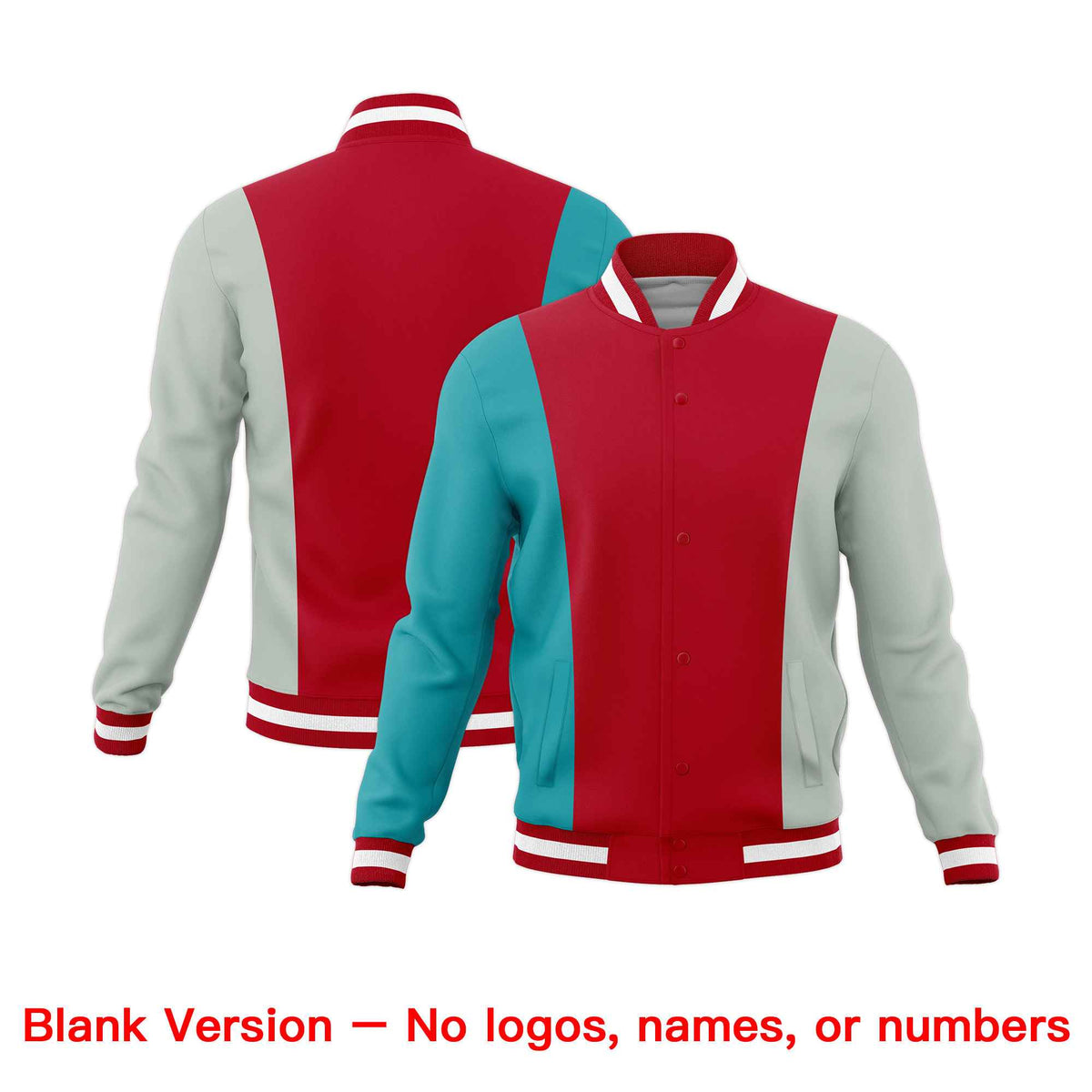 Custom Red Aqua Gray Personalization Varsity Full-Snap Three Color Blocks Letterman Jacket