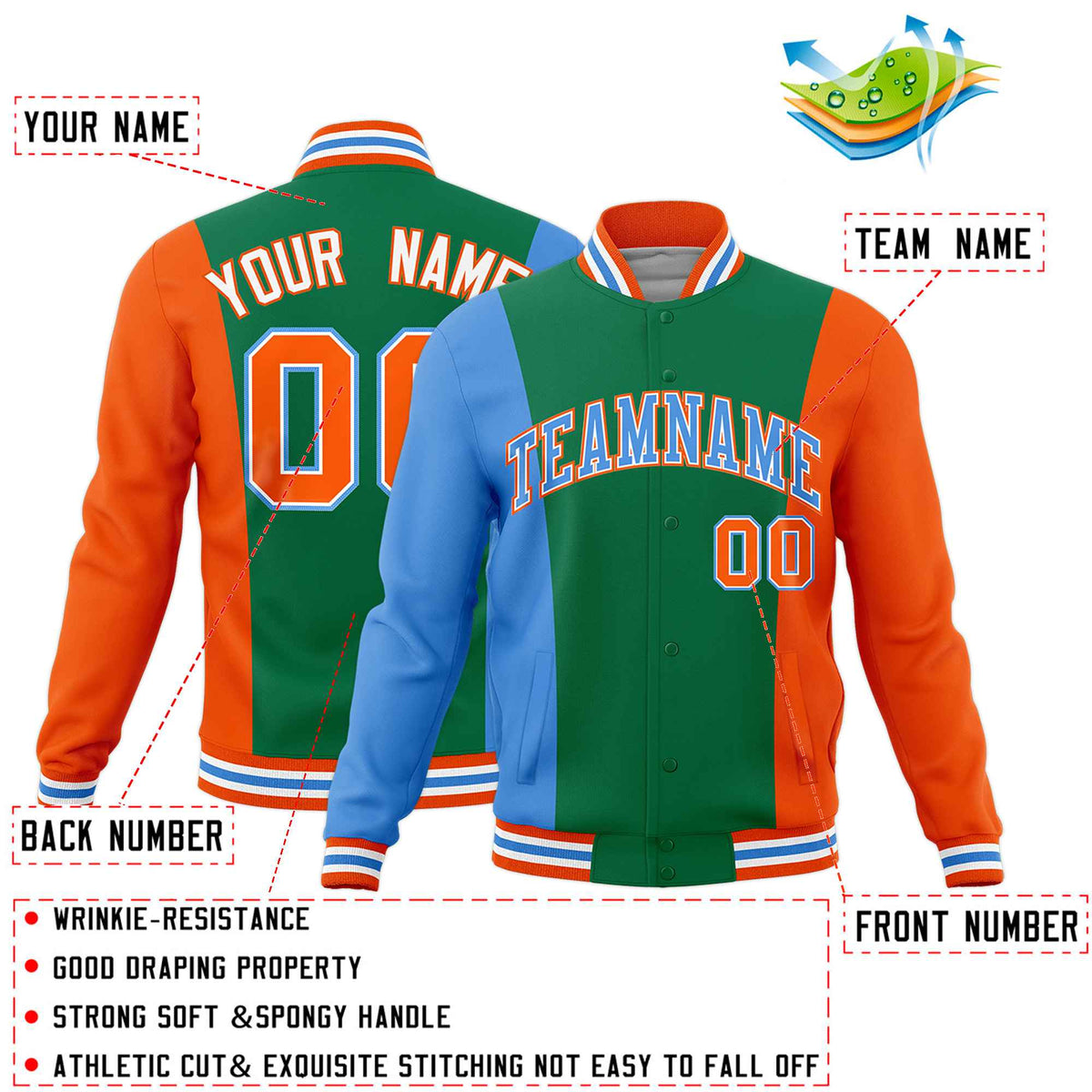 Custom Kelly Green Powder Blue Orange Personalization Varsity Full-Snap Three Color Blocks Letterman Jacket