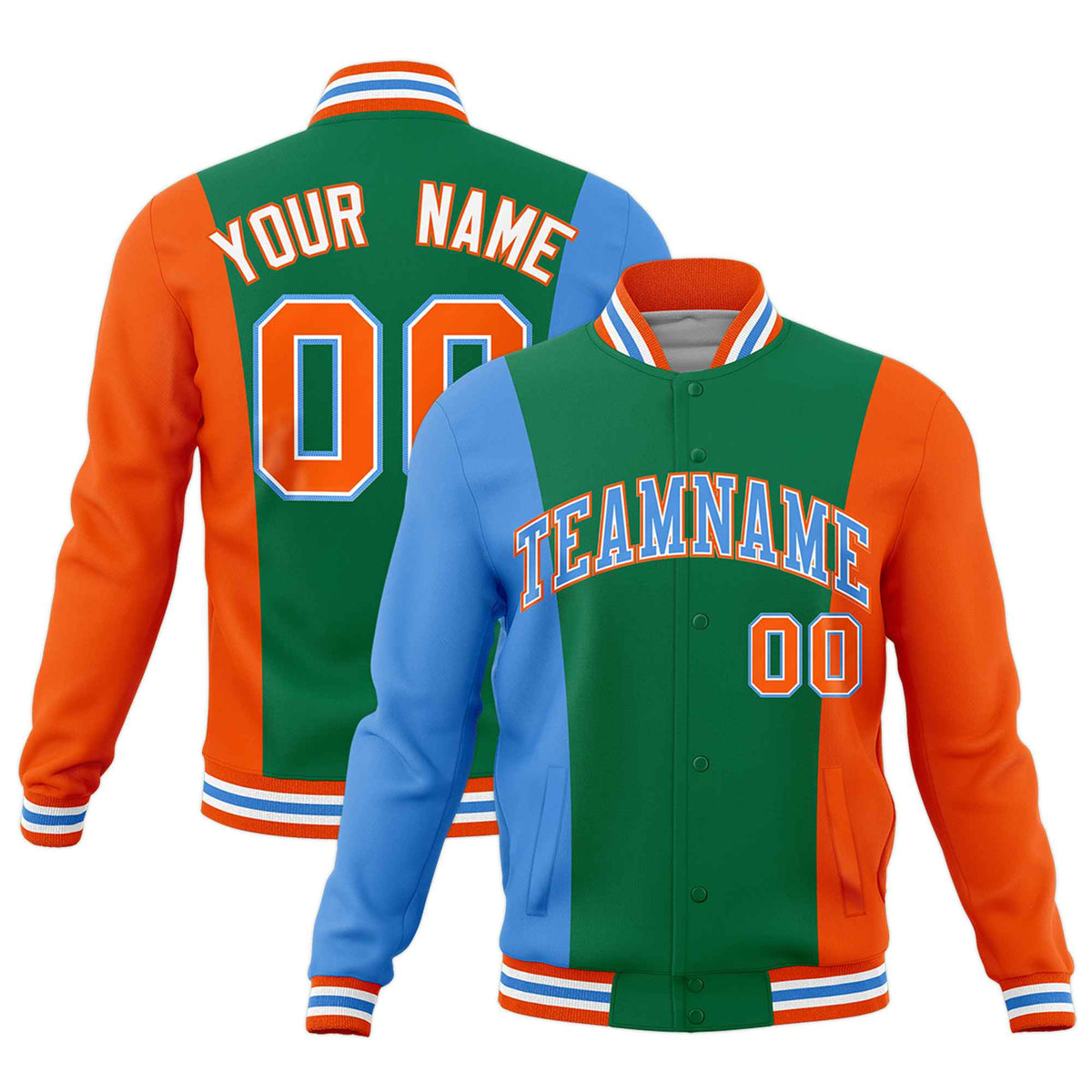 Custom Kelly Green Powder Blue Orange Personalization Varsity Full-Snap Three Color Blocks Letterman Jacket