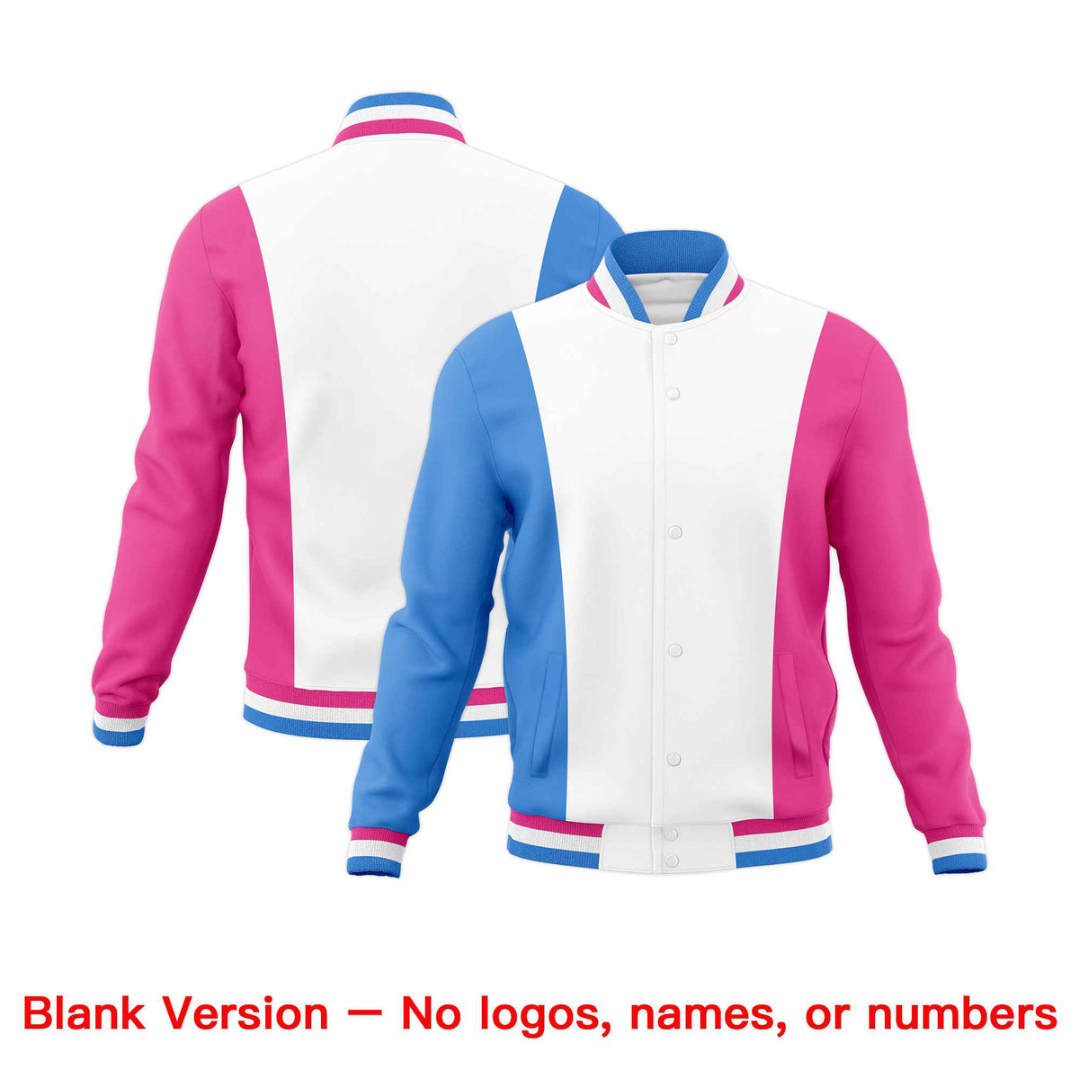 Custom White Powder Blue Pink Personalization Varsity Full-Snap Three Color Blocks Letterman Jacket