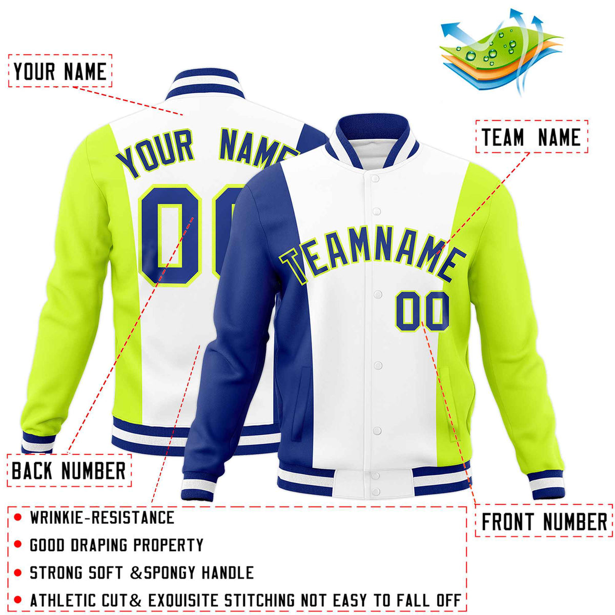 Custom White Royal Blue Fluorescent Green Personalization Varsity Full-Snap Three Color Blocks Letterman Jacket