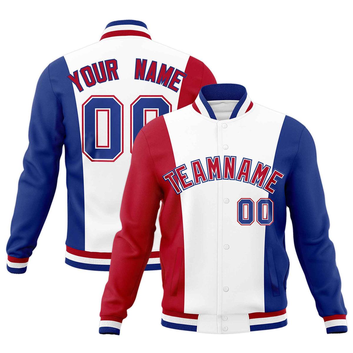 Custom White Red Royal Blue Personalization Varsity Full-Snap Three Color Blocks Letterman Jacket