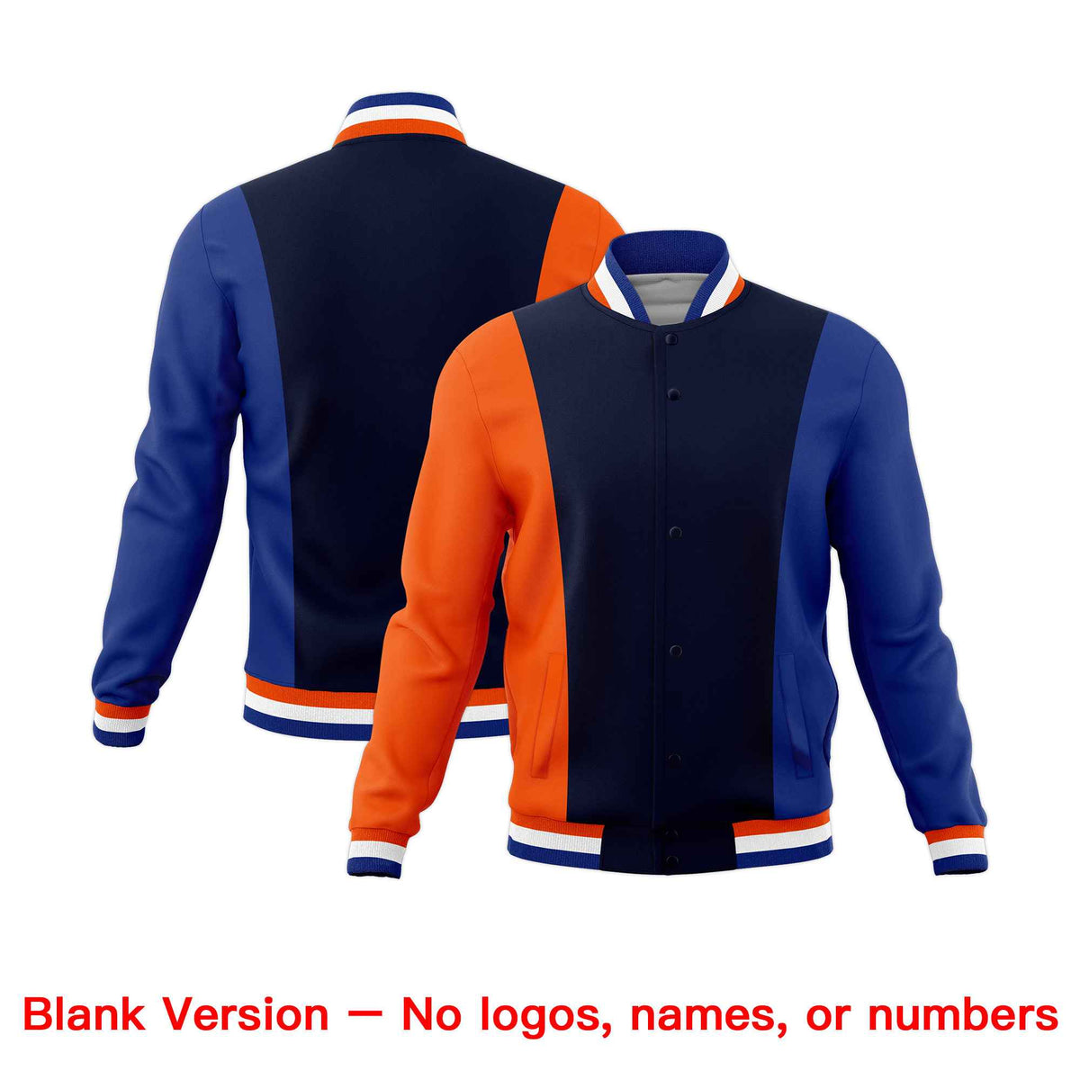 Custom Navy Orange Royal Blue Personalization Varsity Full-Snap Three Color Blocks Letterman Jacket