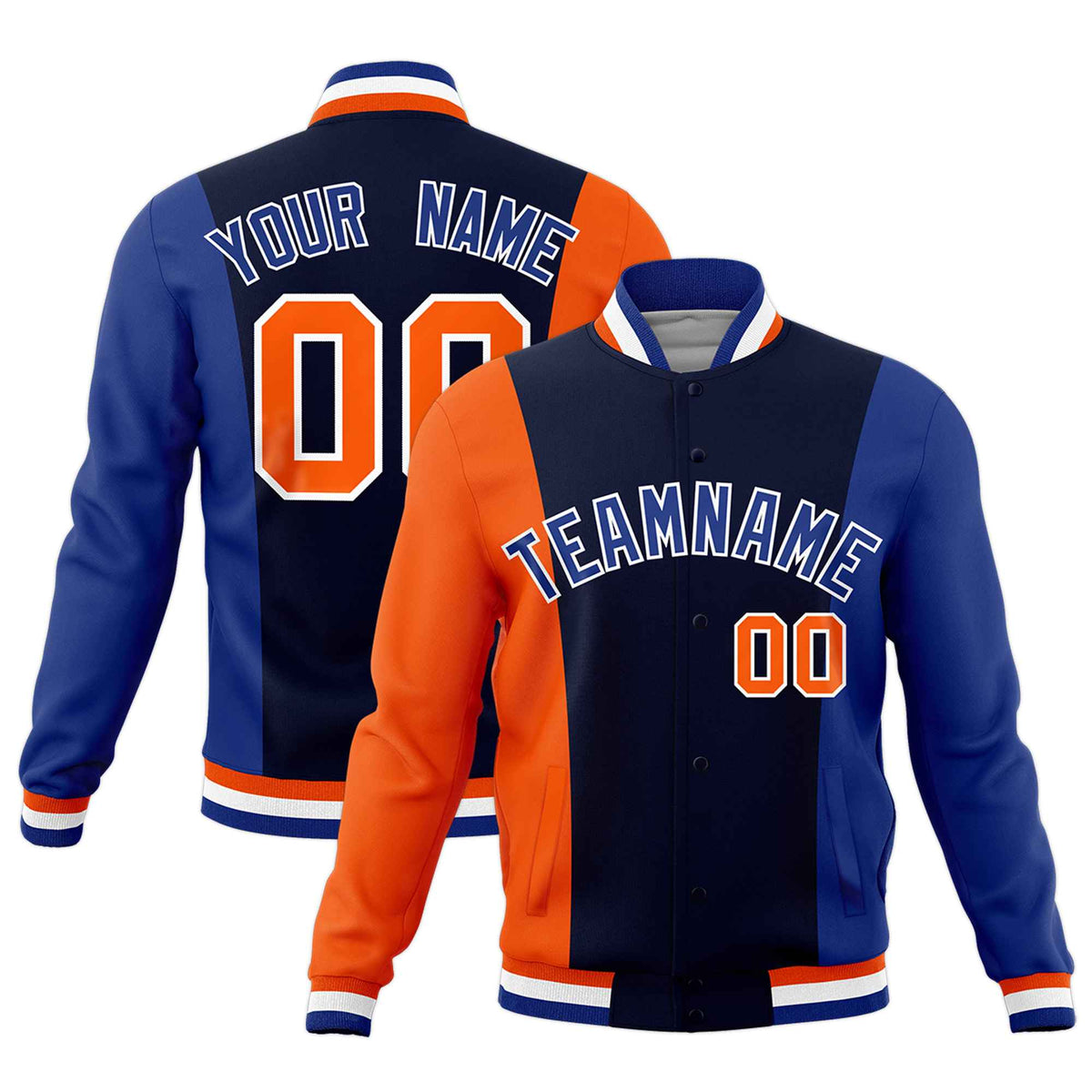 Custom Navy Orange Royal Blue Personalization Varsity Full-Snap Three Color Blocks Letterman Jacket