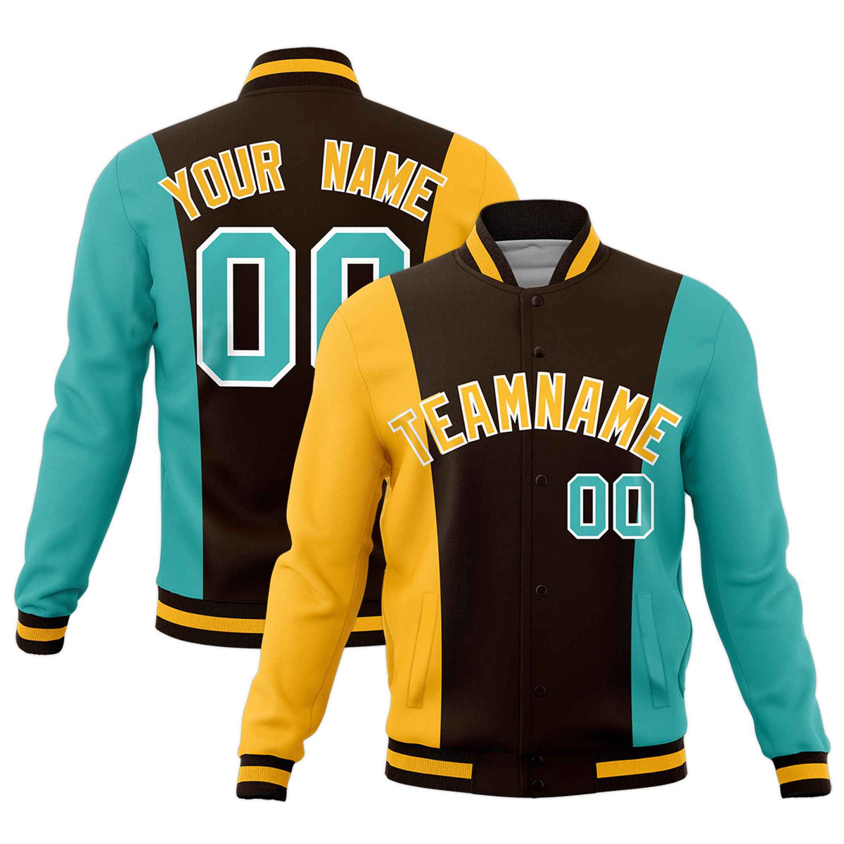 Custom Brown Yellow Teal Personalization Varsity Full-Snap Three Color Blocks Letterman Jacket