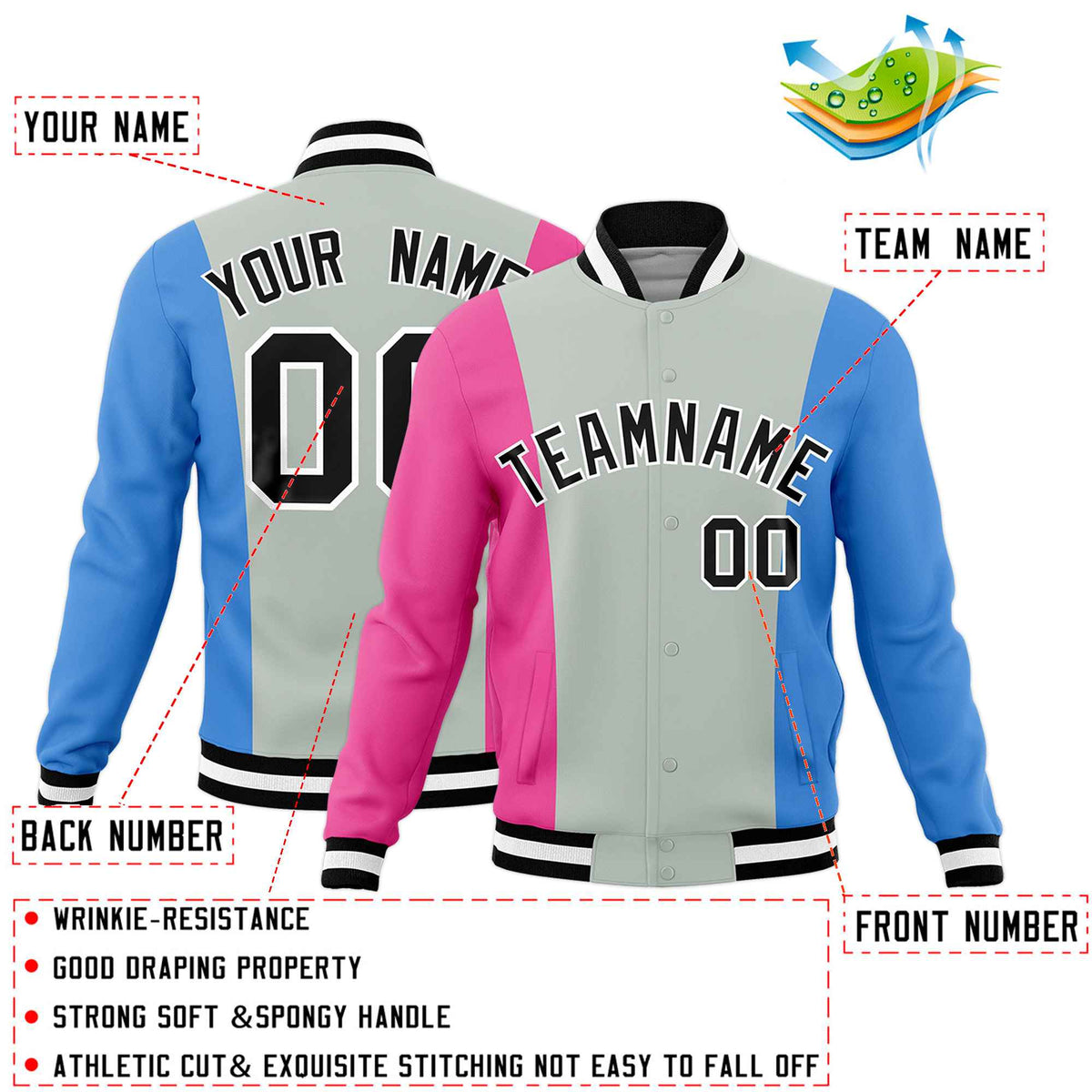 Custom Gray Pink Powder Blue Personalization Varsity Full-Snap Three Color Blocks Letterman Jacket