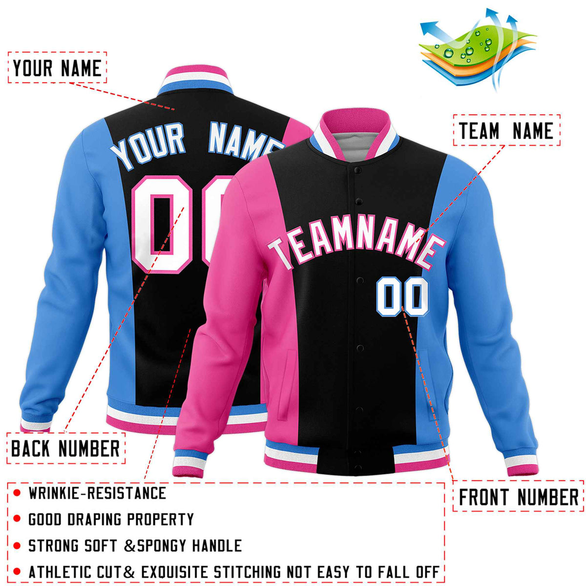 Custom Black Pink Powder Blue Personalization Varsity Full-Snap Three Color Blocks Letterman Jacket
