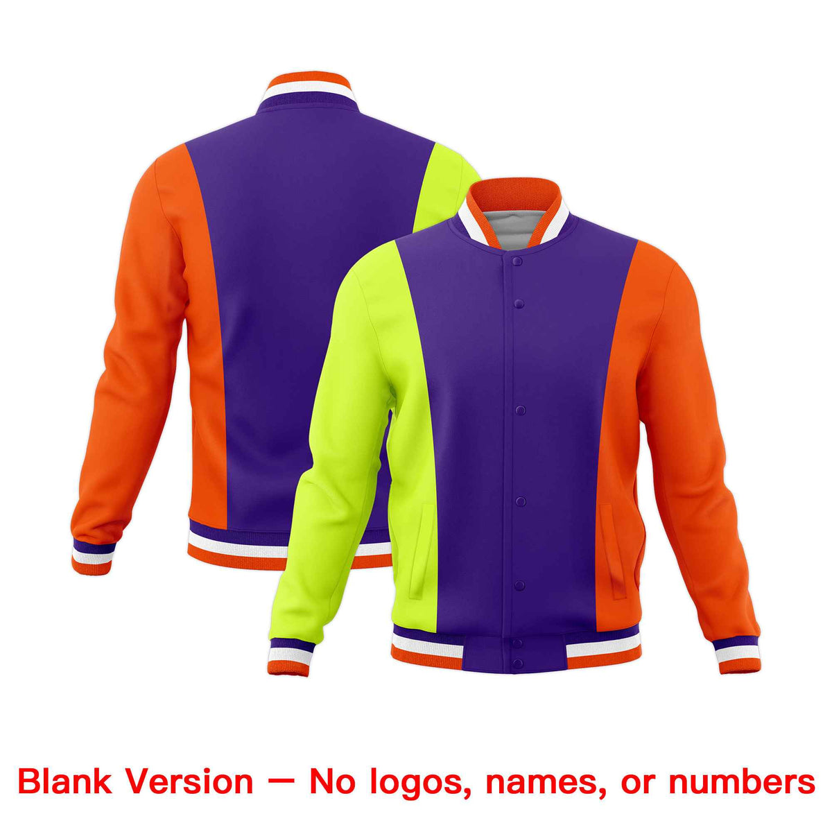 Custom Purple Fluorescent Green Yellow Personalization Varsity Full-Snap Three Color Blocks Letterman Jacket