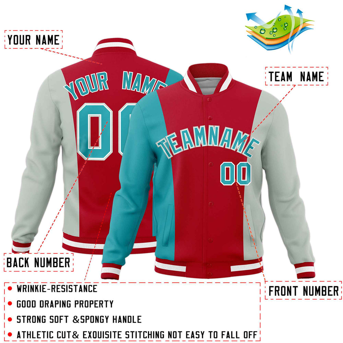 Custom Red Aqua Gray Personalization Varsity Full-Snap Three Color Blocks Letterman Jacket
