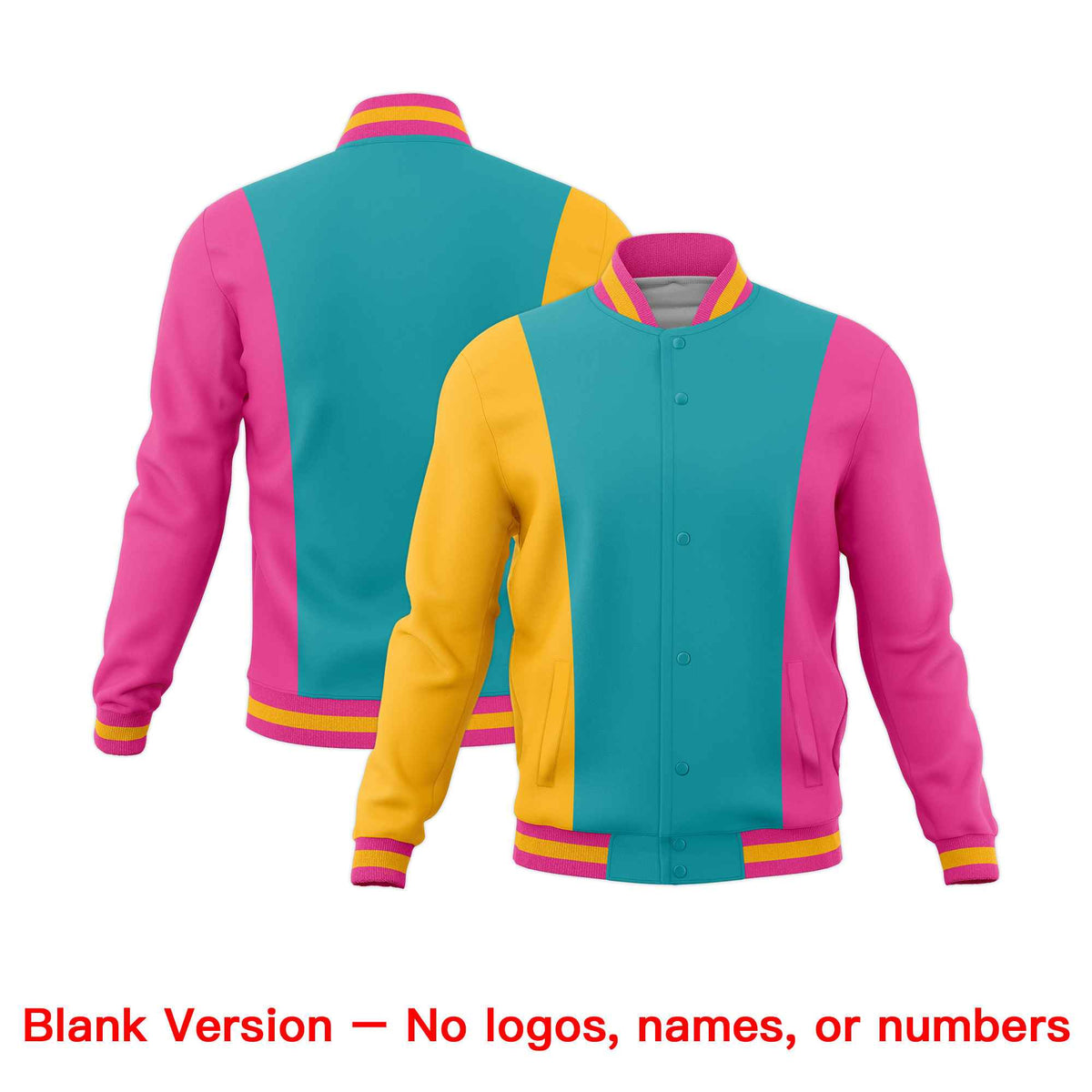 Custom Aqua Yellow Pink Personalization Varsity Full-Snap Three Color Blocks Letterman Jacket
