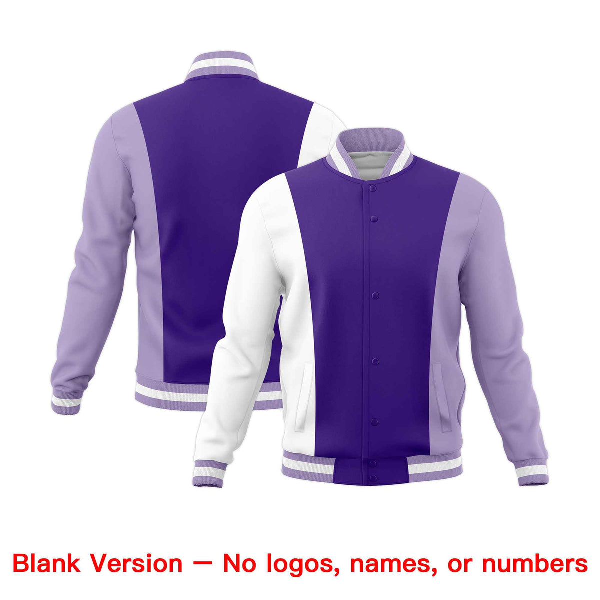 Custom Purple White Light Purple Personalization Varsity Full-Snap Three Color Blocks Letterman Jacket